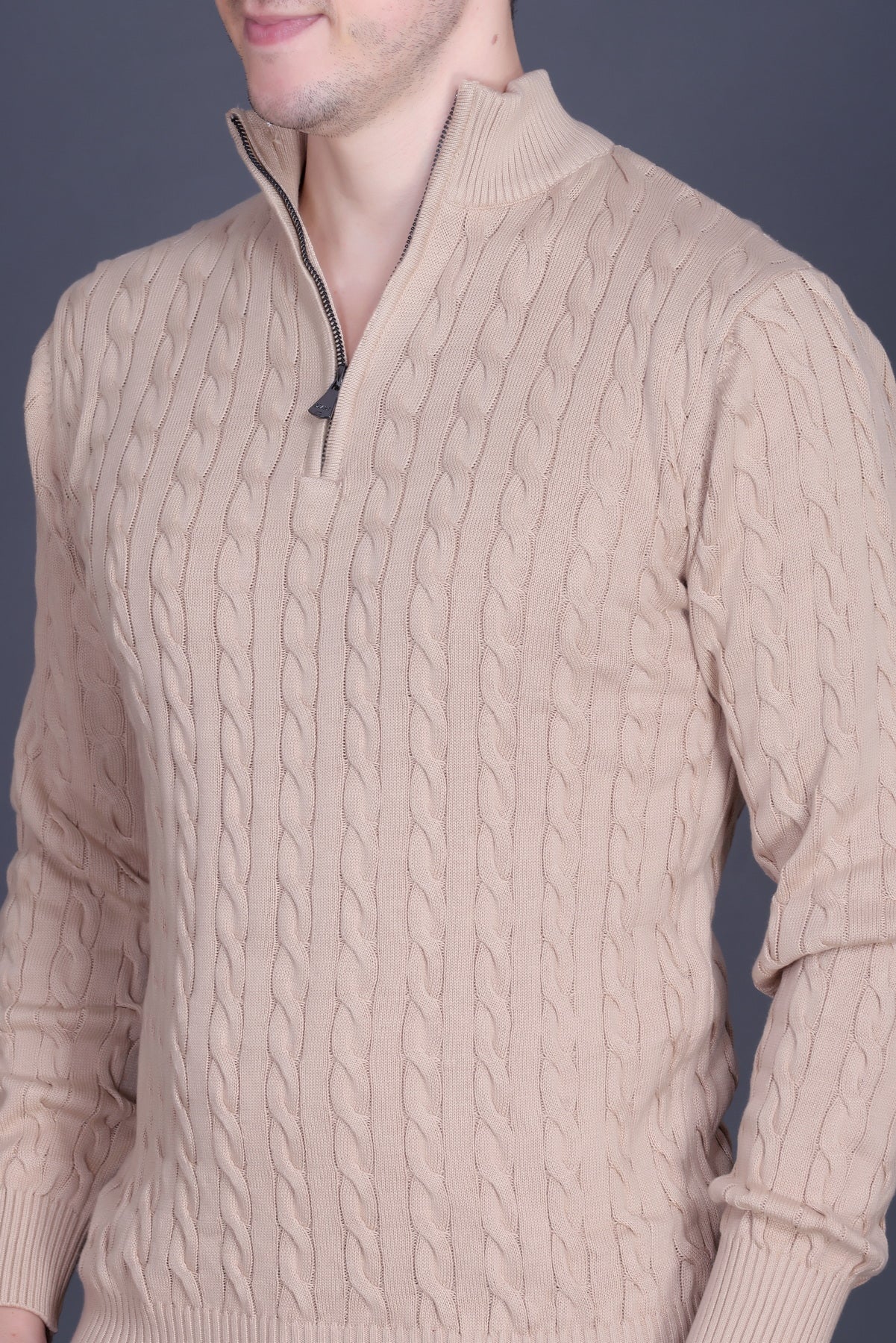 Men Solid Collared Neck Camel Sweater