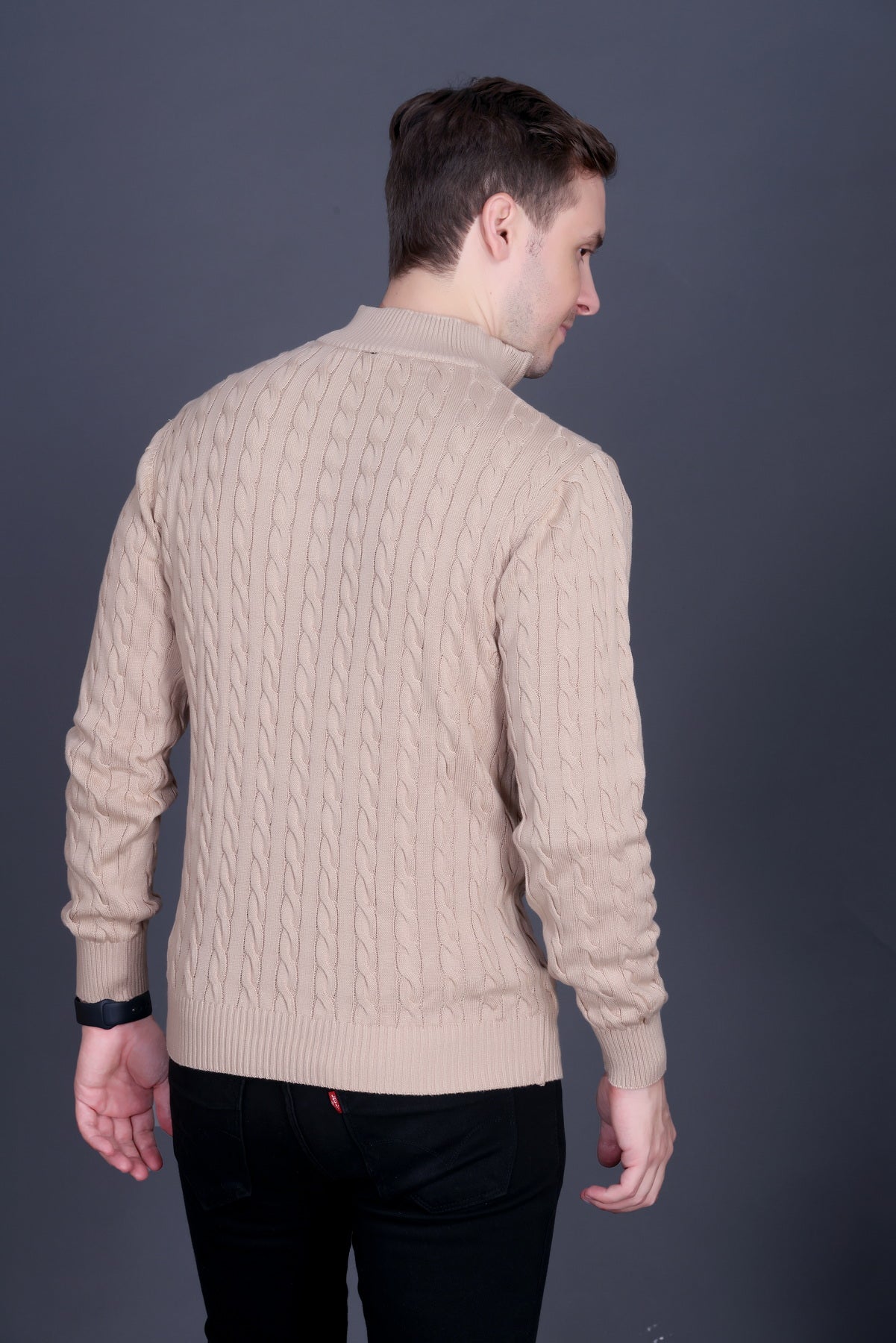 Men Solid Collared Neck Camel Sweater