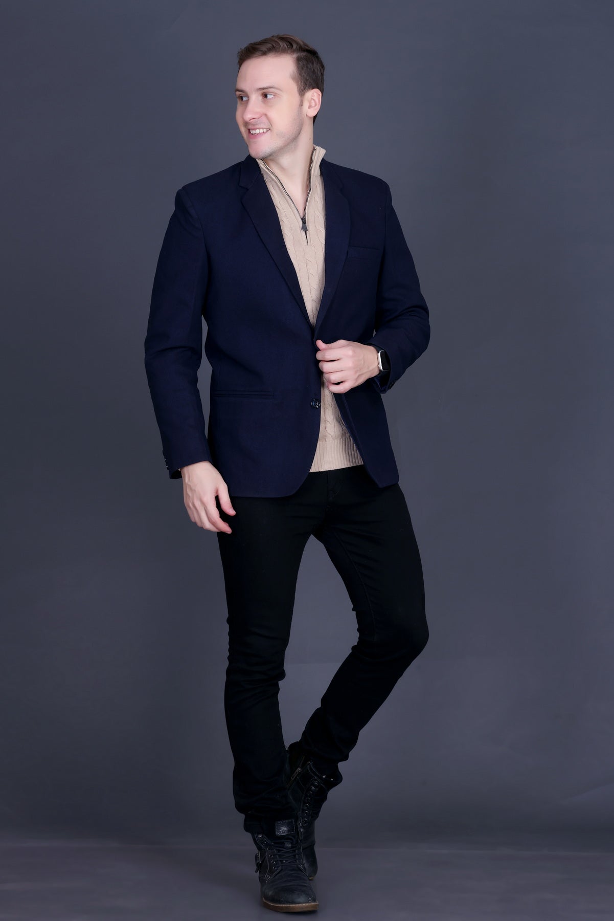 Men Solid Collared Neck Camel Sweater