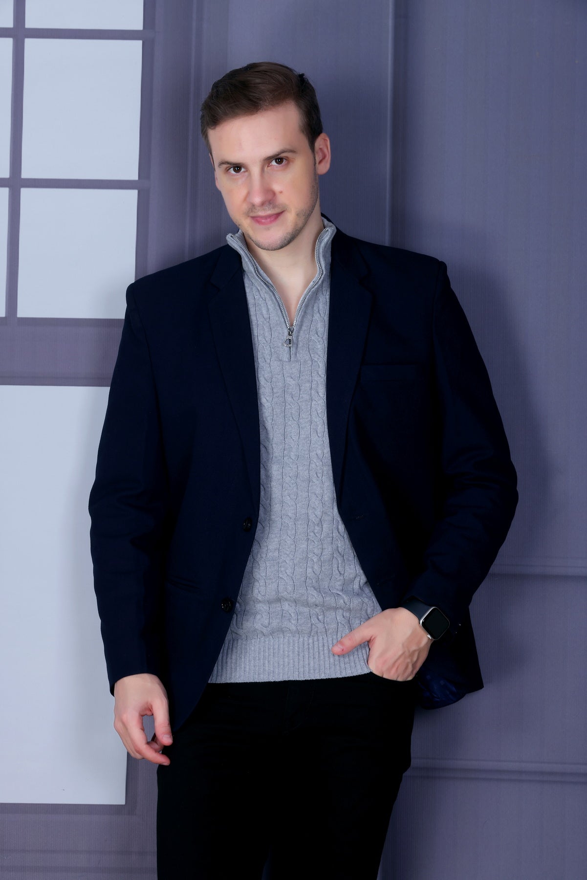 Men Self Design Collared Neck Grey Sweater