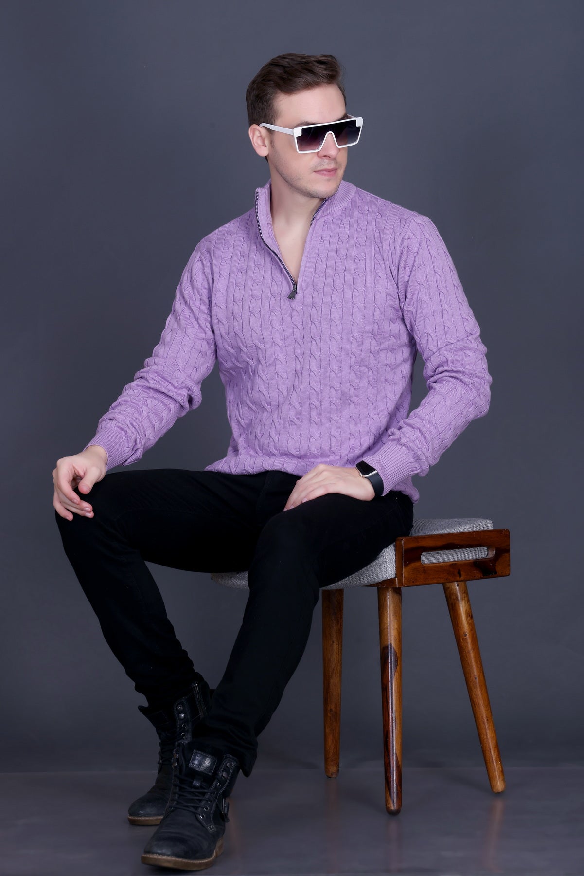 Men Solid Collared Neck Lavender Sweater