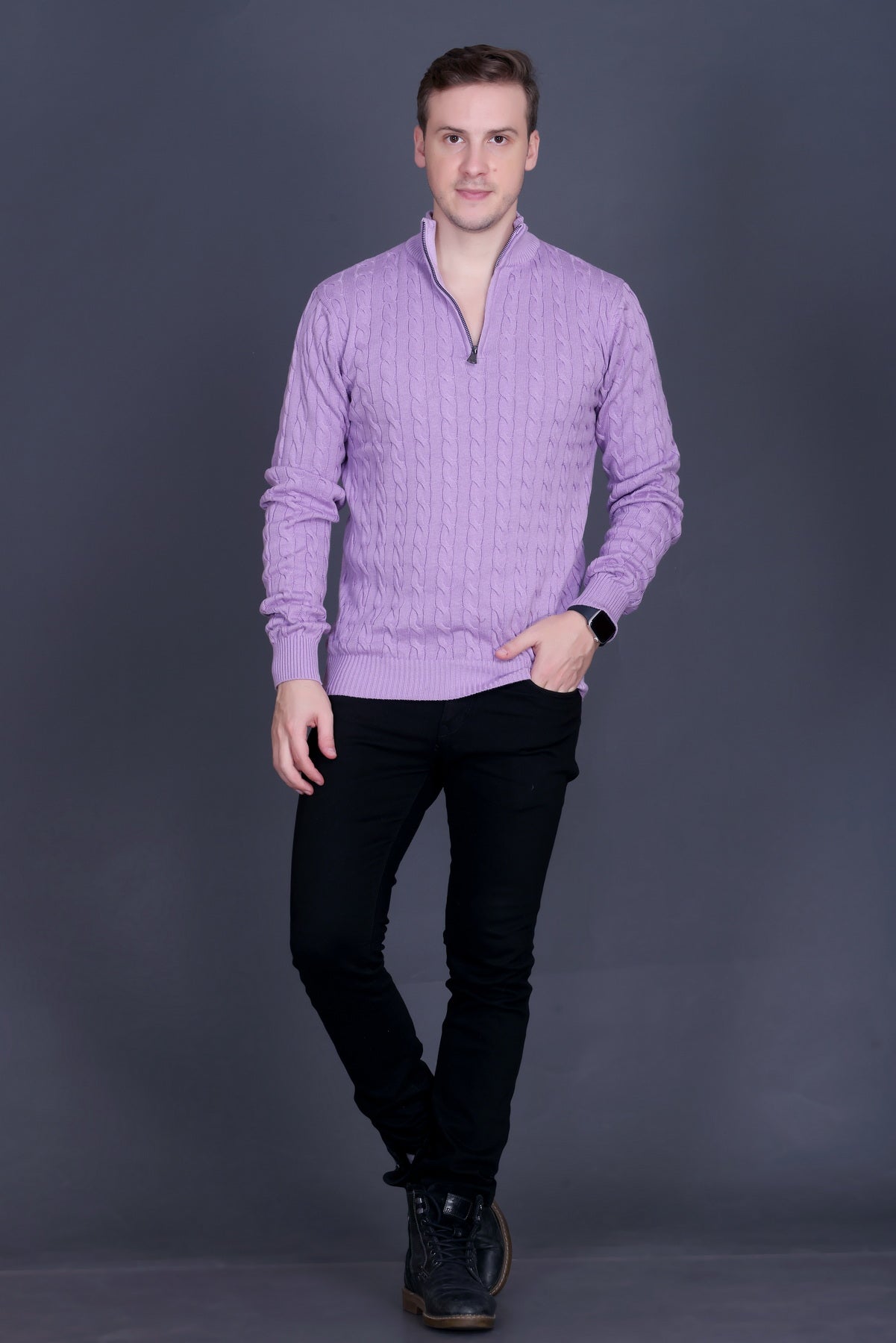 Men Solid Collared Neck Lavender Sweater