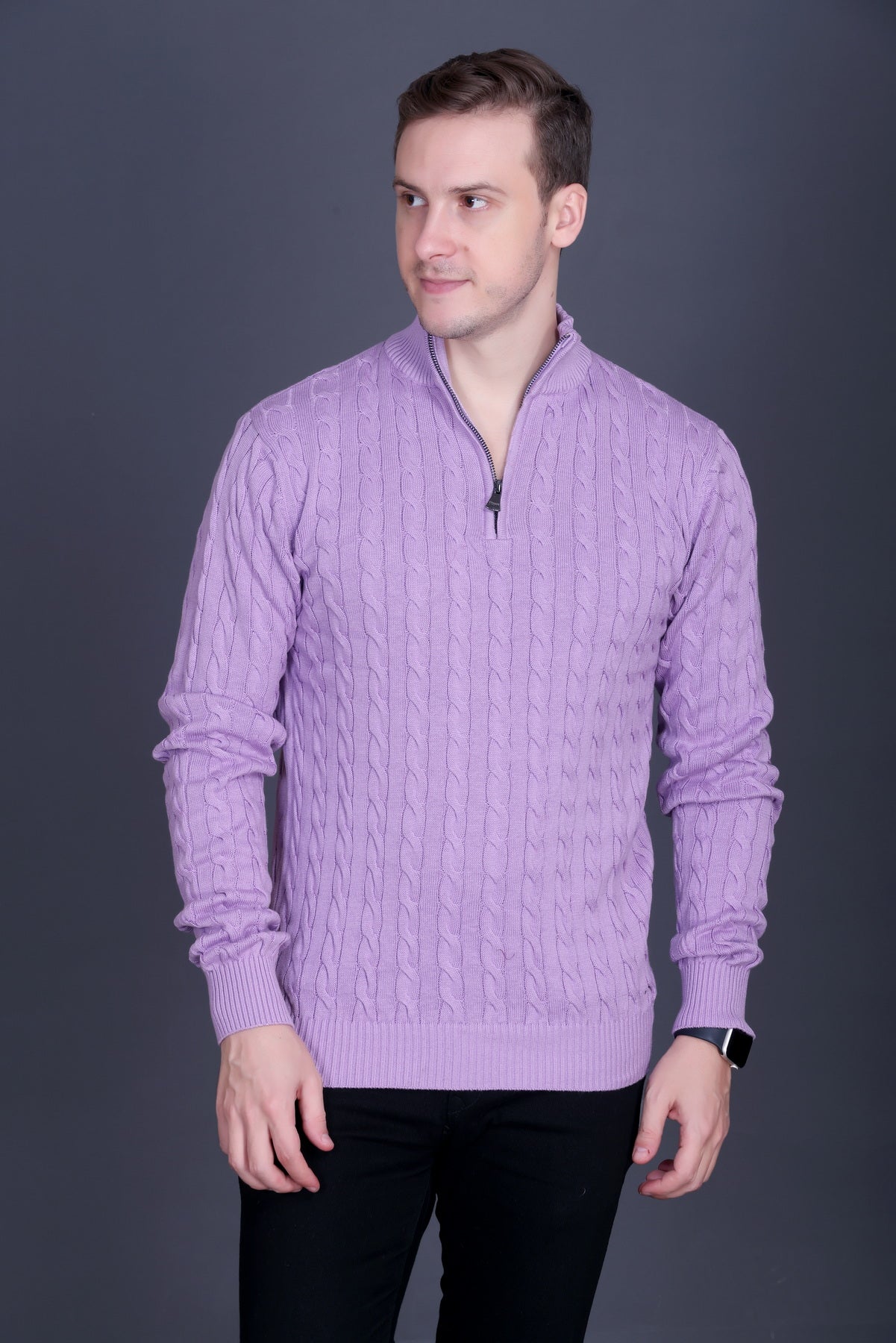 Men Solid Collared Neck Lavender Sweater