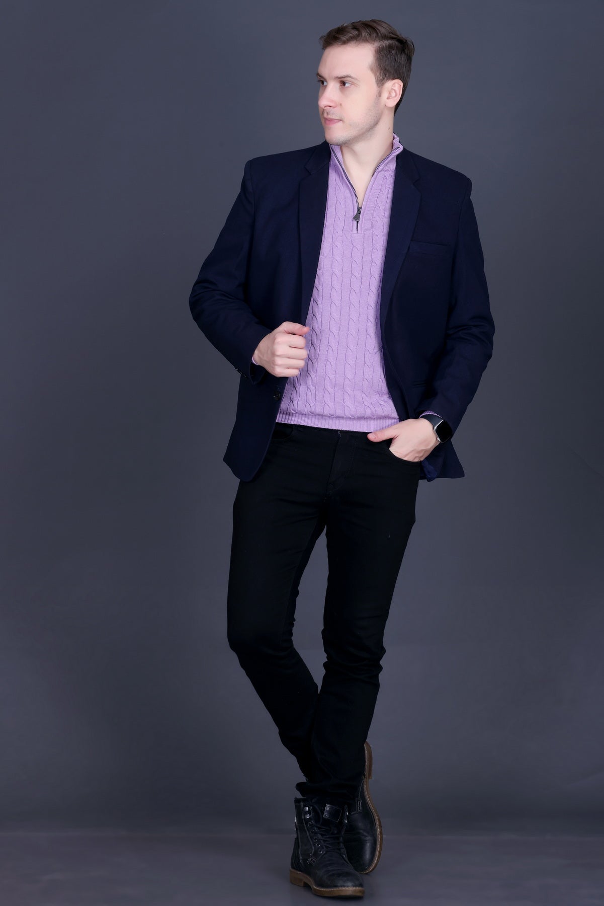 Men Solid Collared Neck Lavender Sweater