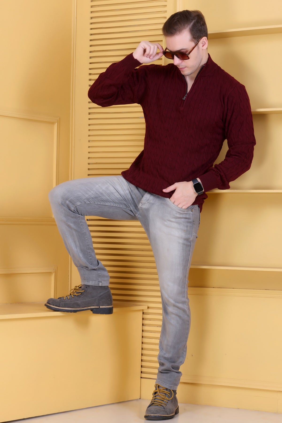 Men Solid Collared Neck Maroon Sweater