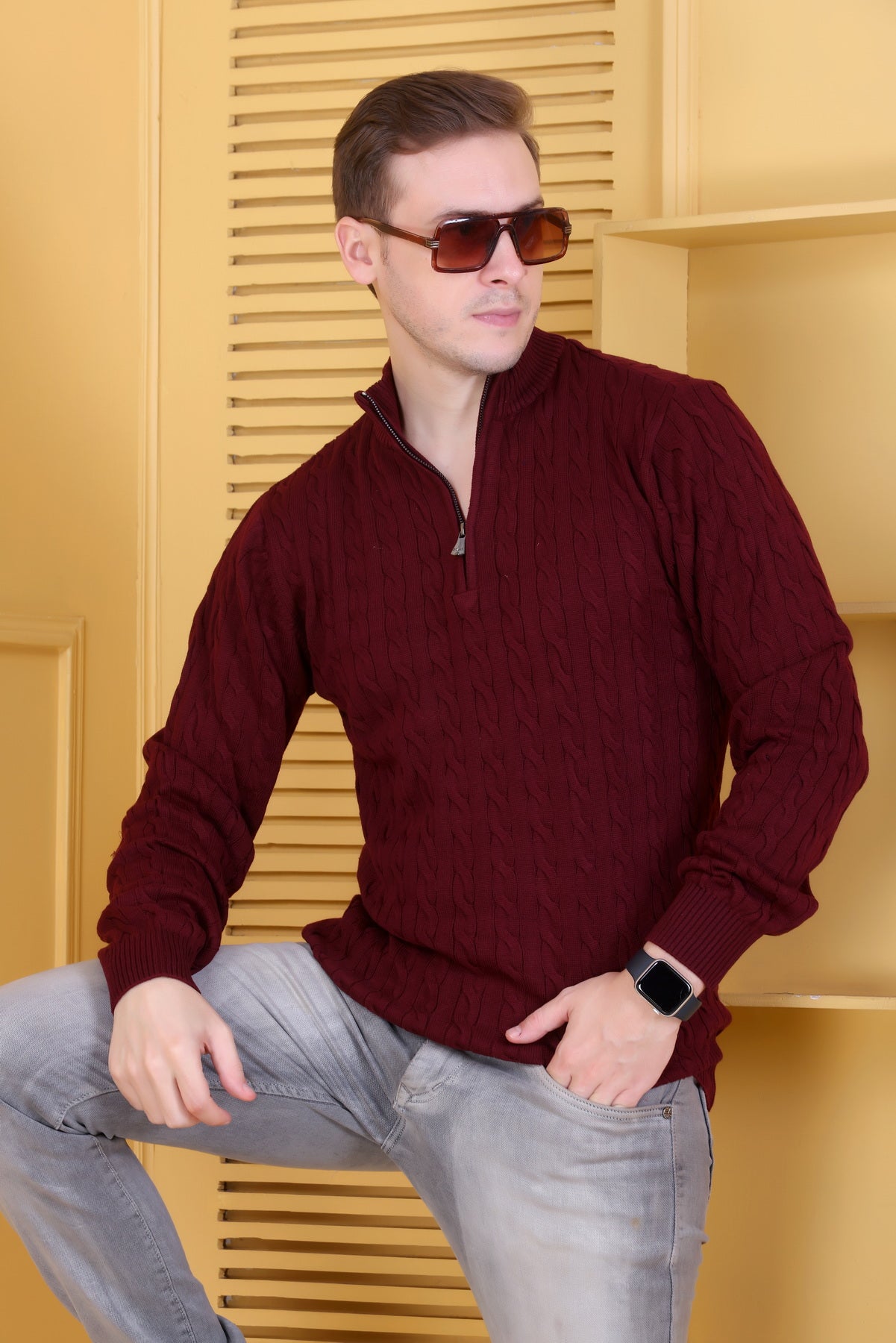 Men Solid Collared Neck Maroon Sweater