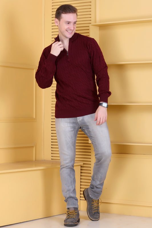 Men Solid Collared Neck Maroon Sweater