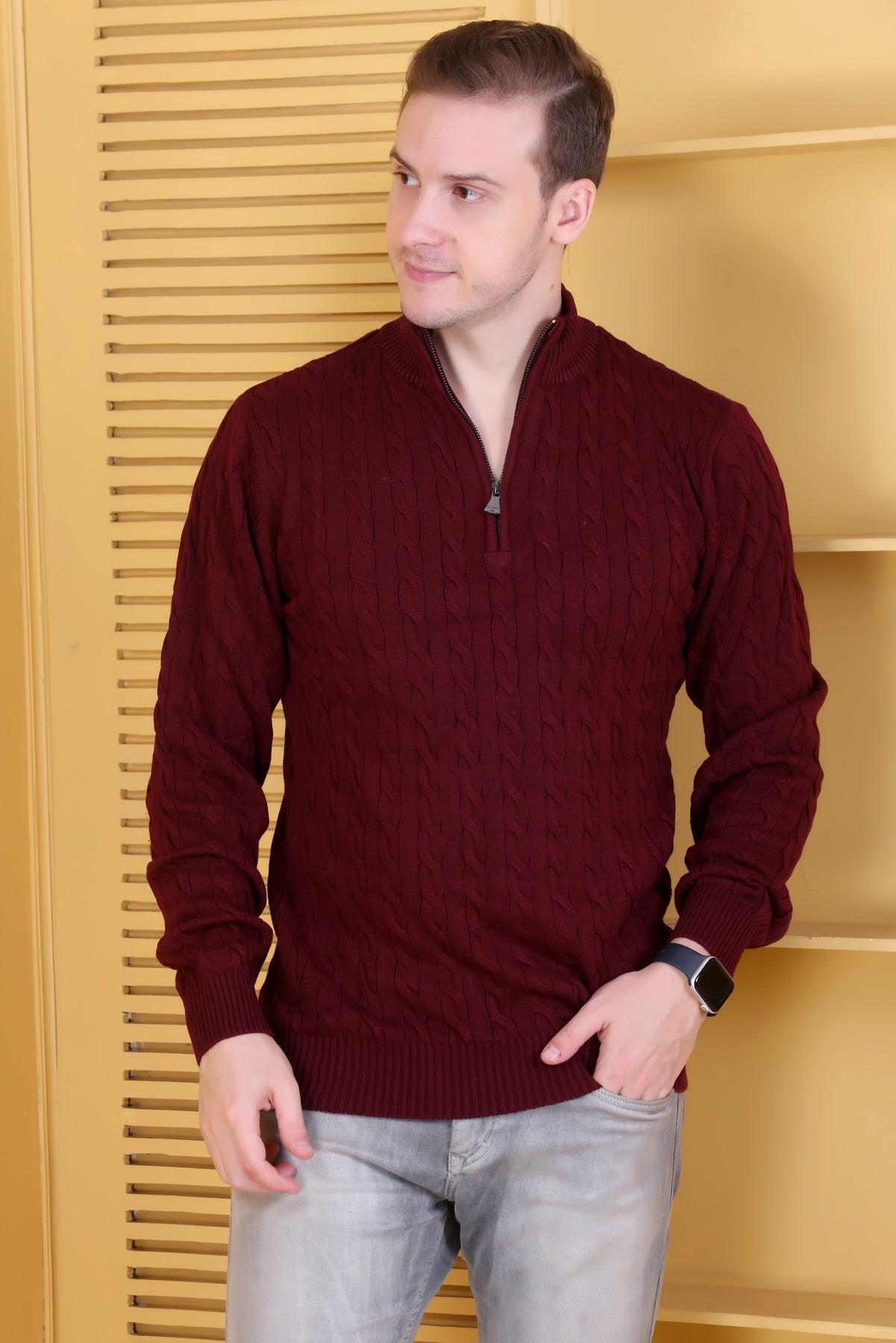 Men Solid Collared Neck Maroon Sweater