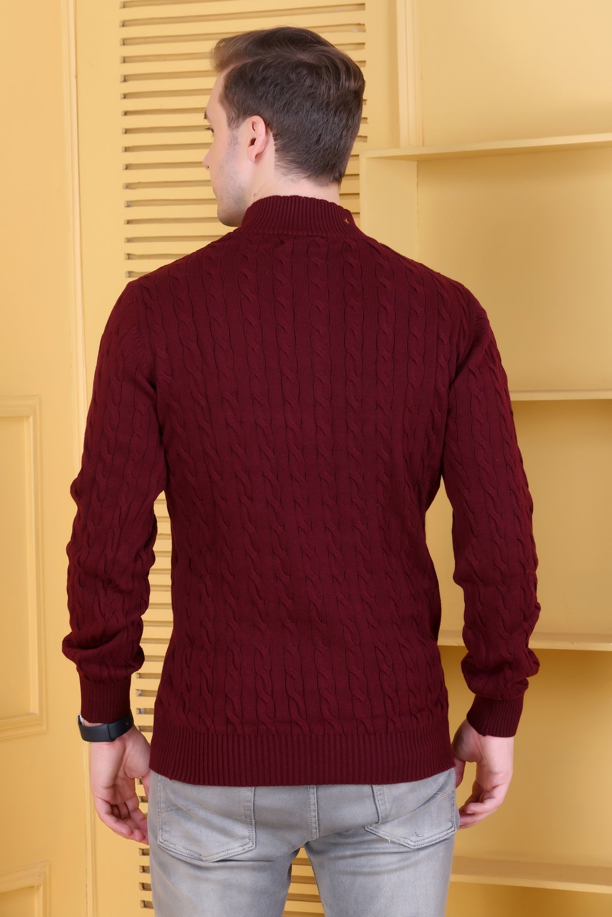 Men Solid Collared Neck Maroon Sweater