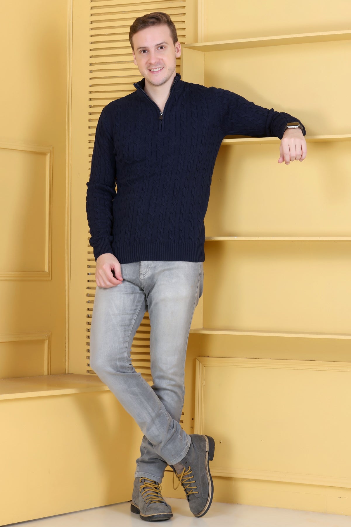 Men Solid Collared Neck Navy Sweater
