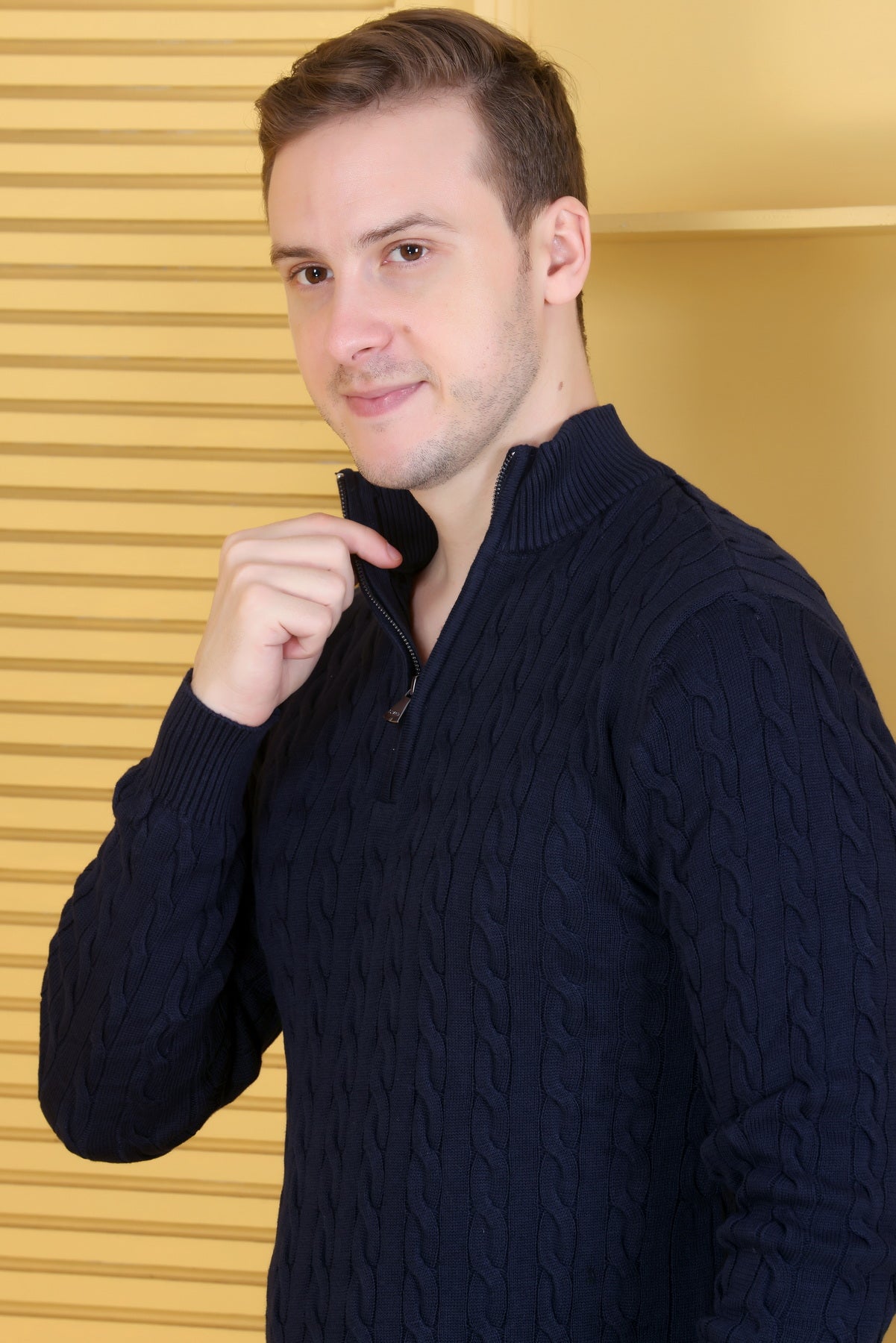 Men Solid Collared Neck Navy Sweater