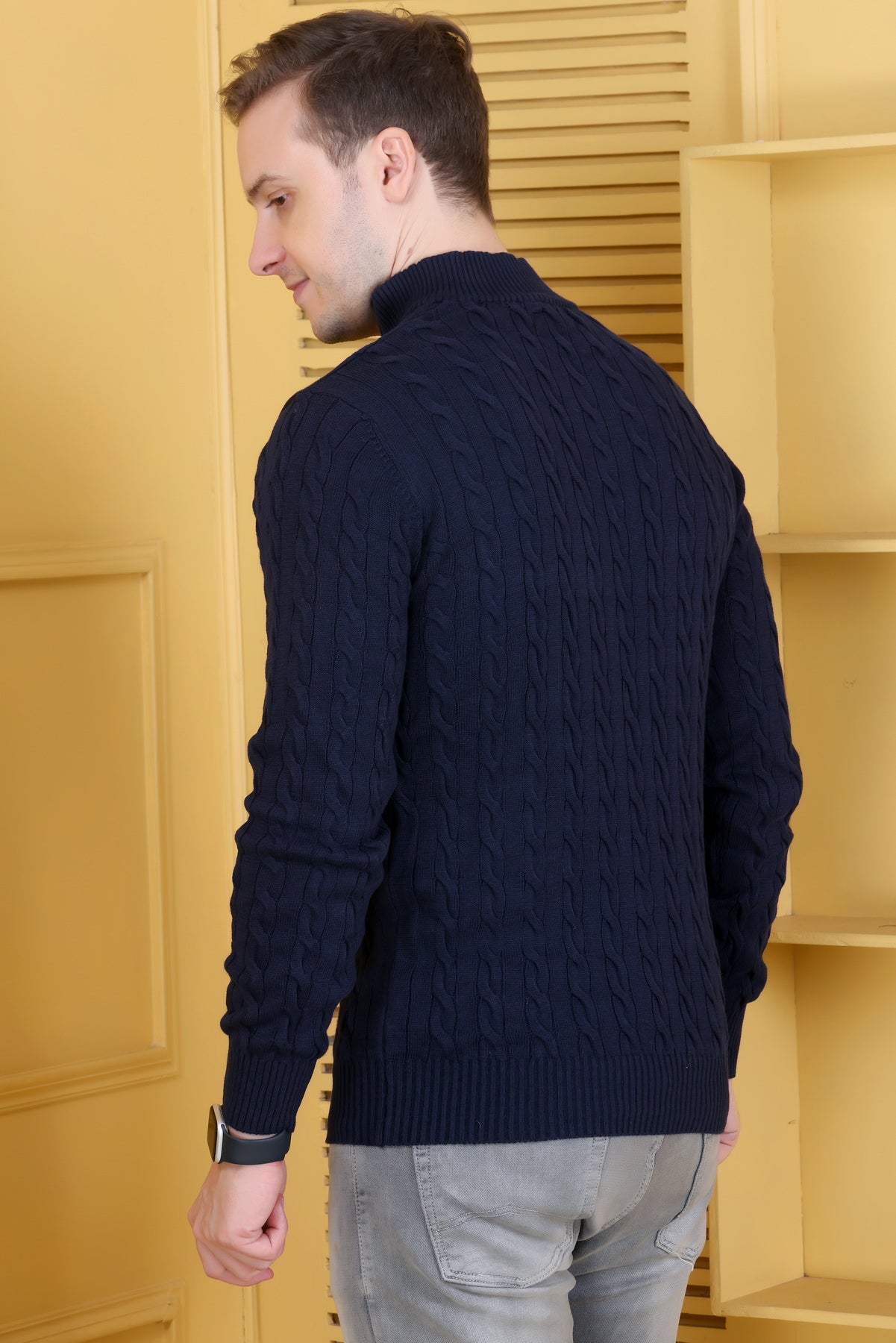 Men Solid Collared Neck Navy Sweater