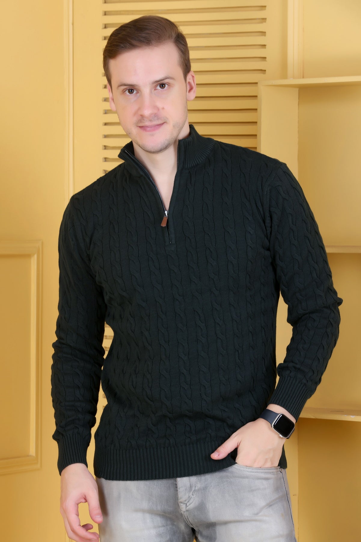 Men Solid Collared Neck Olive Sweater