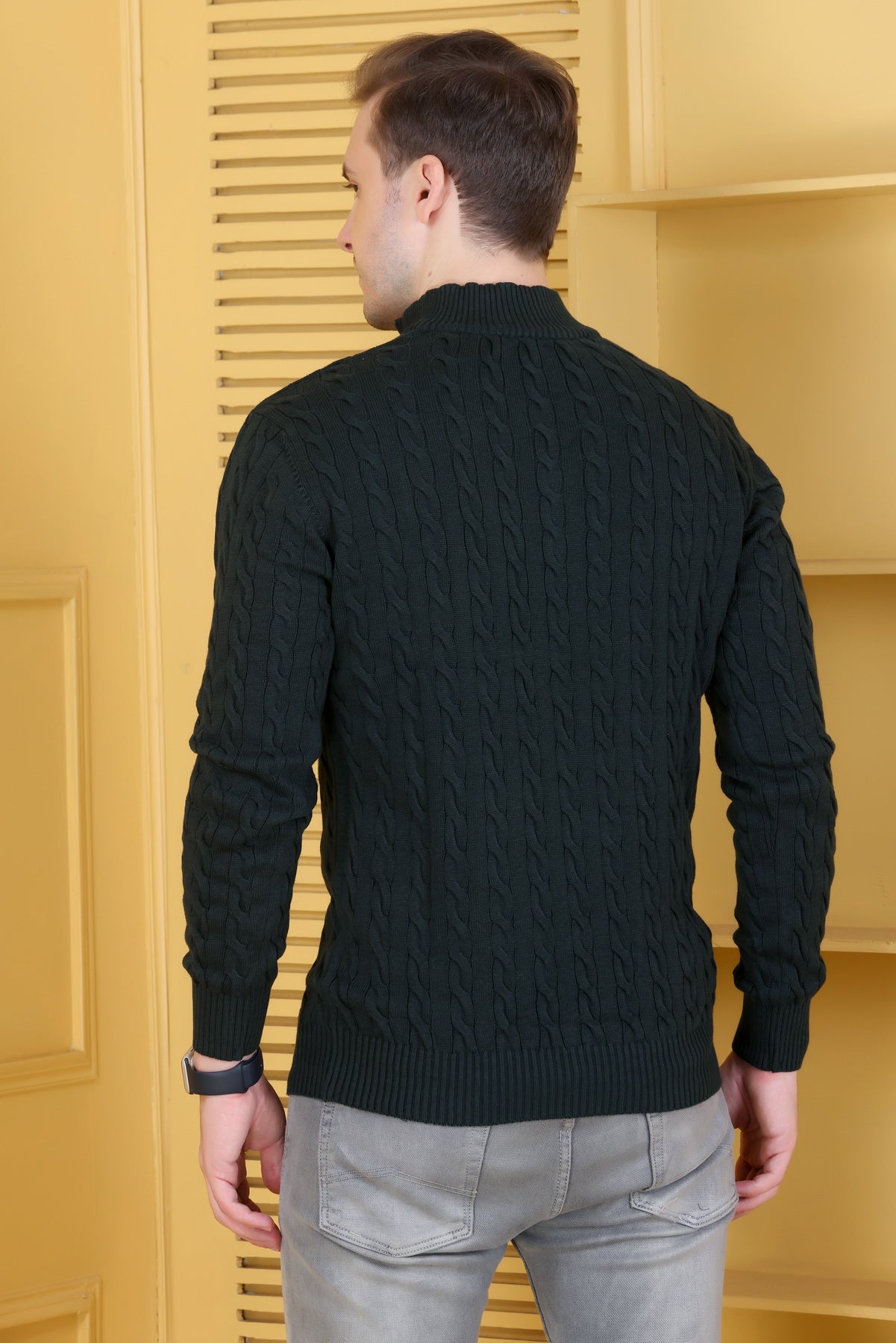 Men Solid Collared Neck Olive Sweater