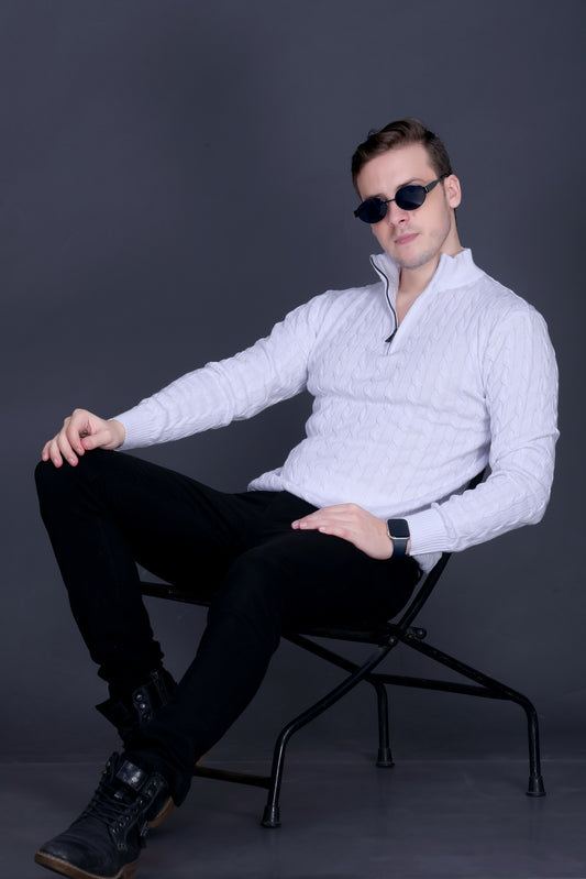 Men Solid Collared Neck White Sweater