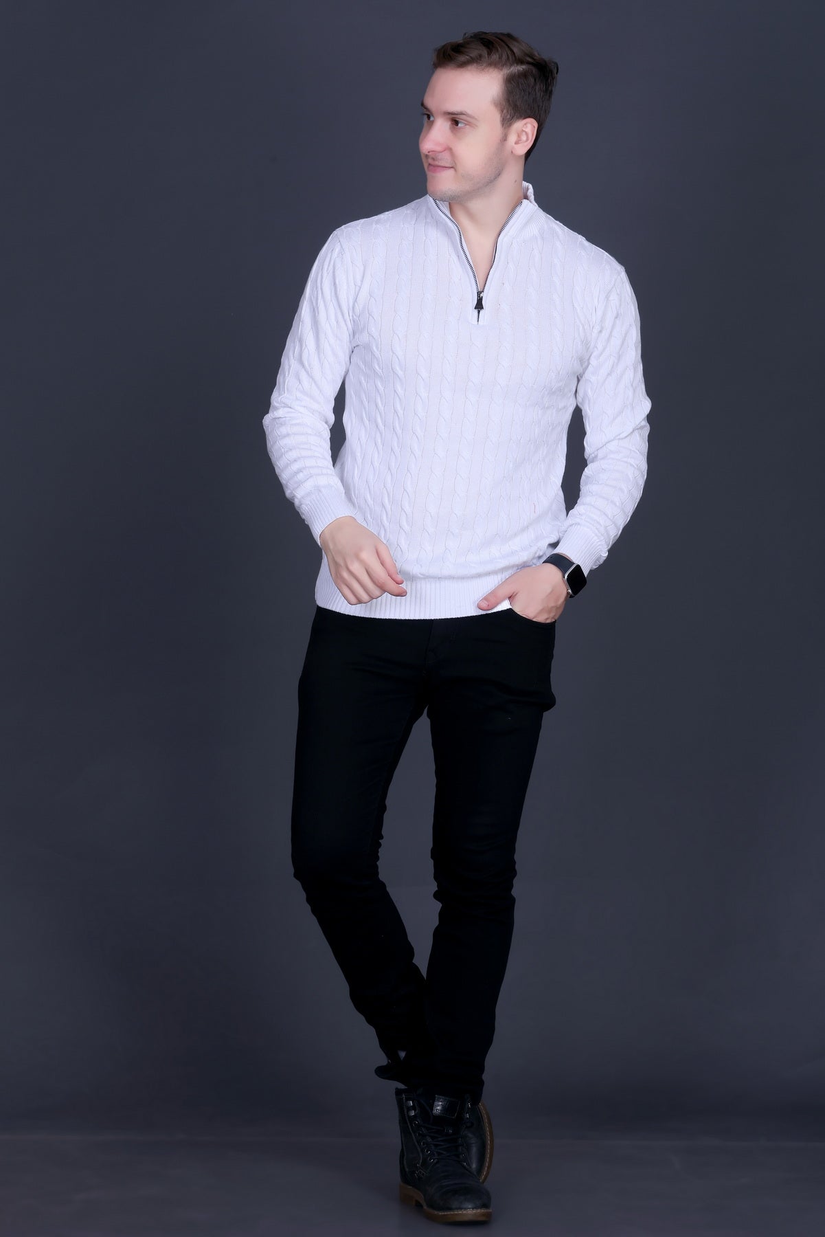 Men Solid Collared Neck White Sweater