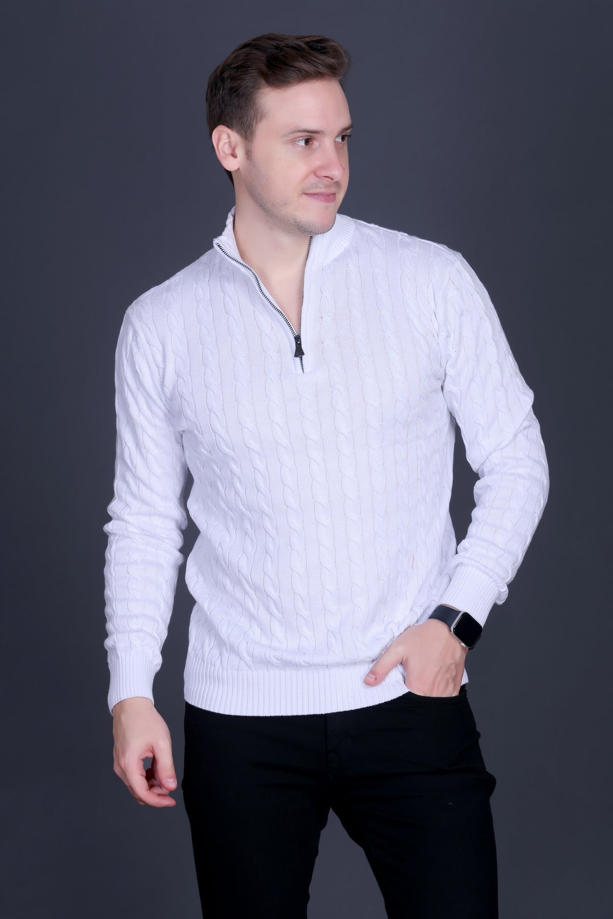 Men Solid Collared Neck White Sweater