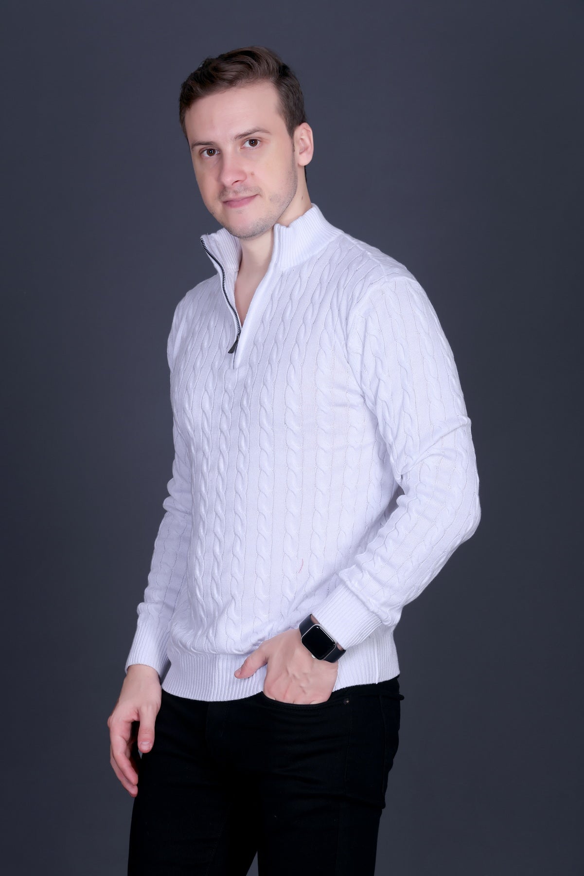 Men Solid Collared Neck White Sweater