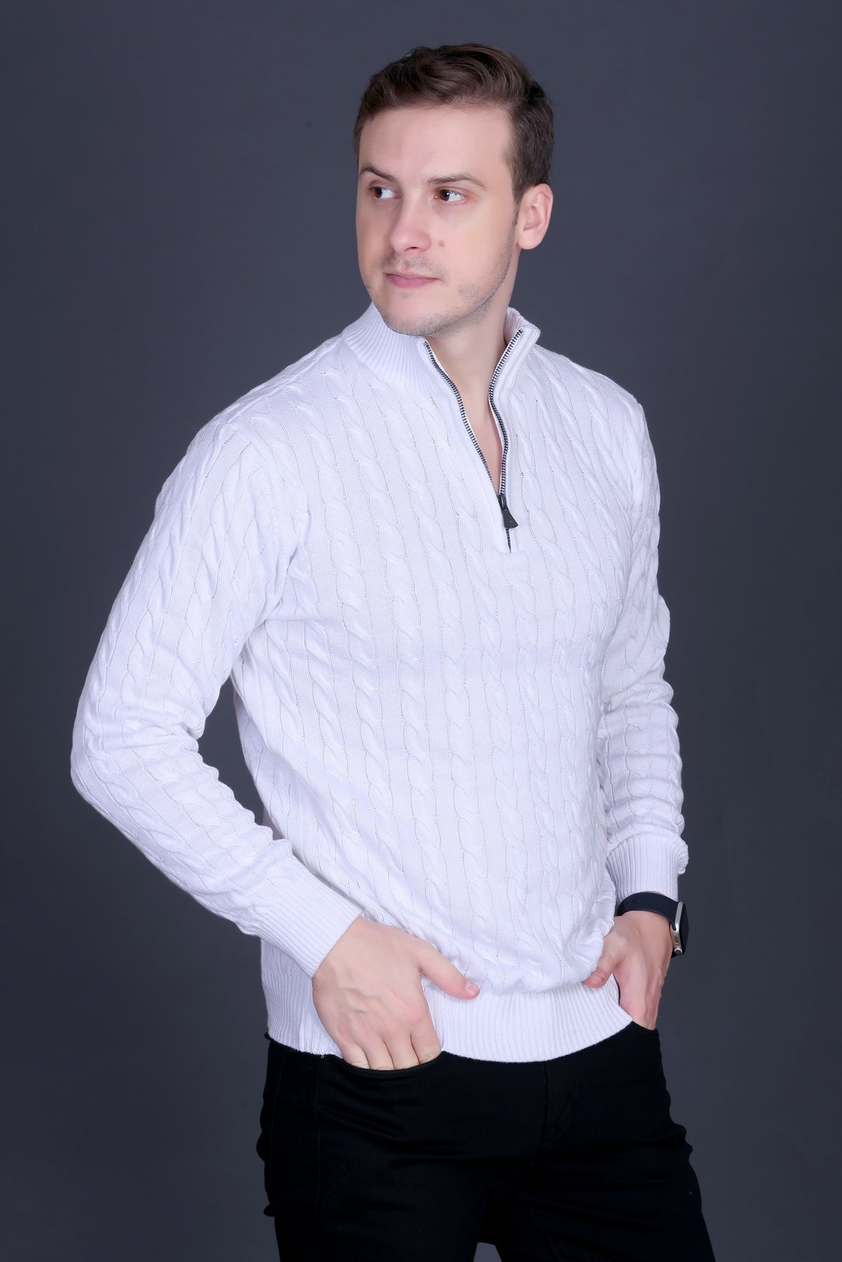 Men Solid Collared Neck White Sweater