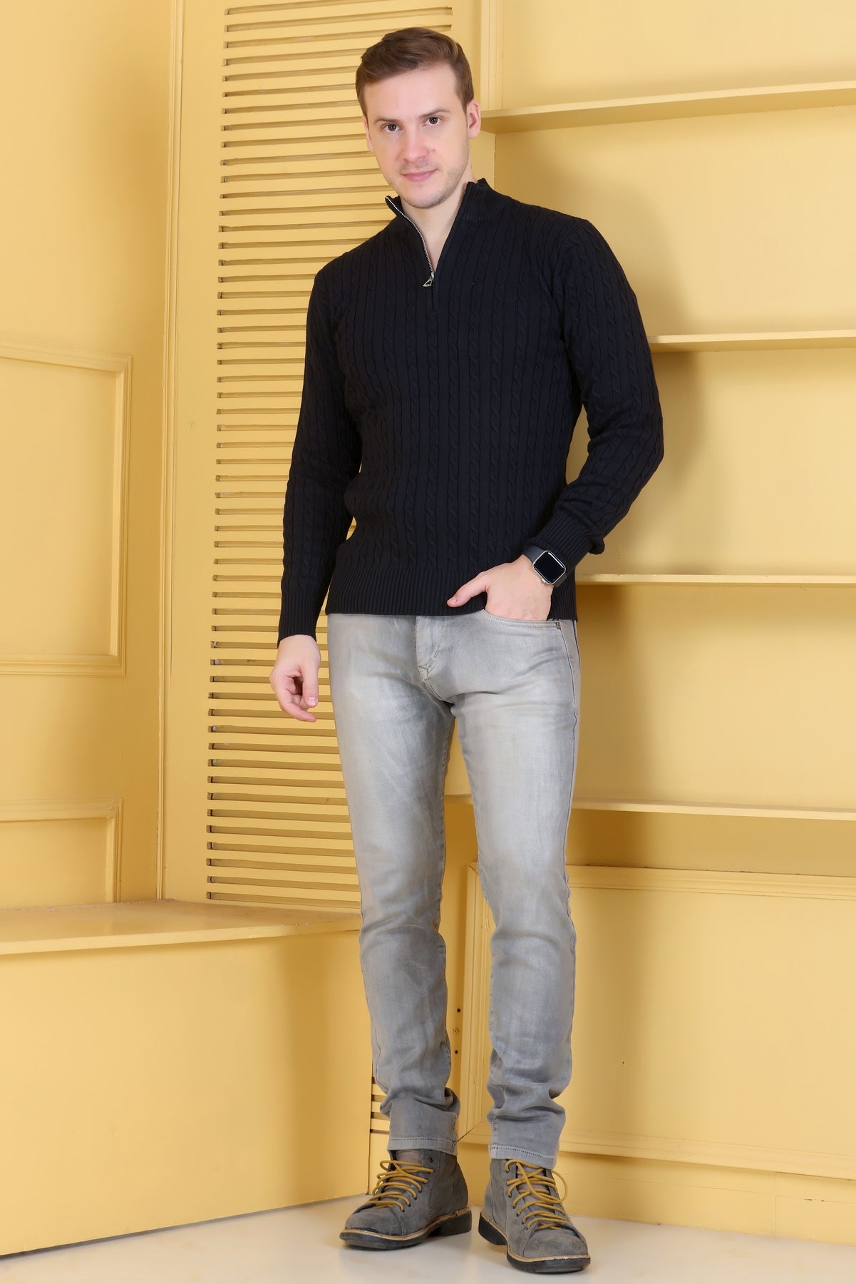 Men Solid, Self Design Turtle Neck Black Sweater