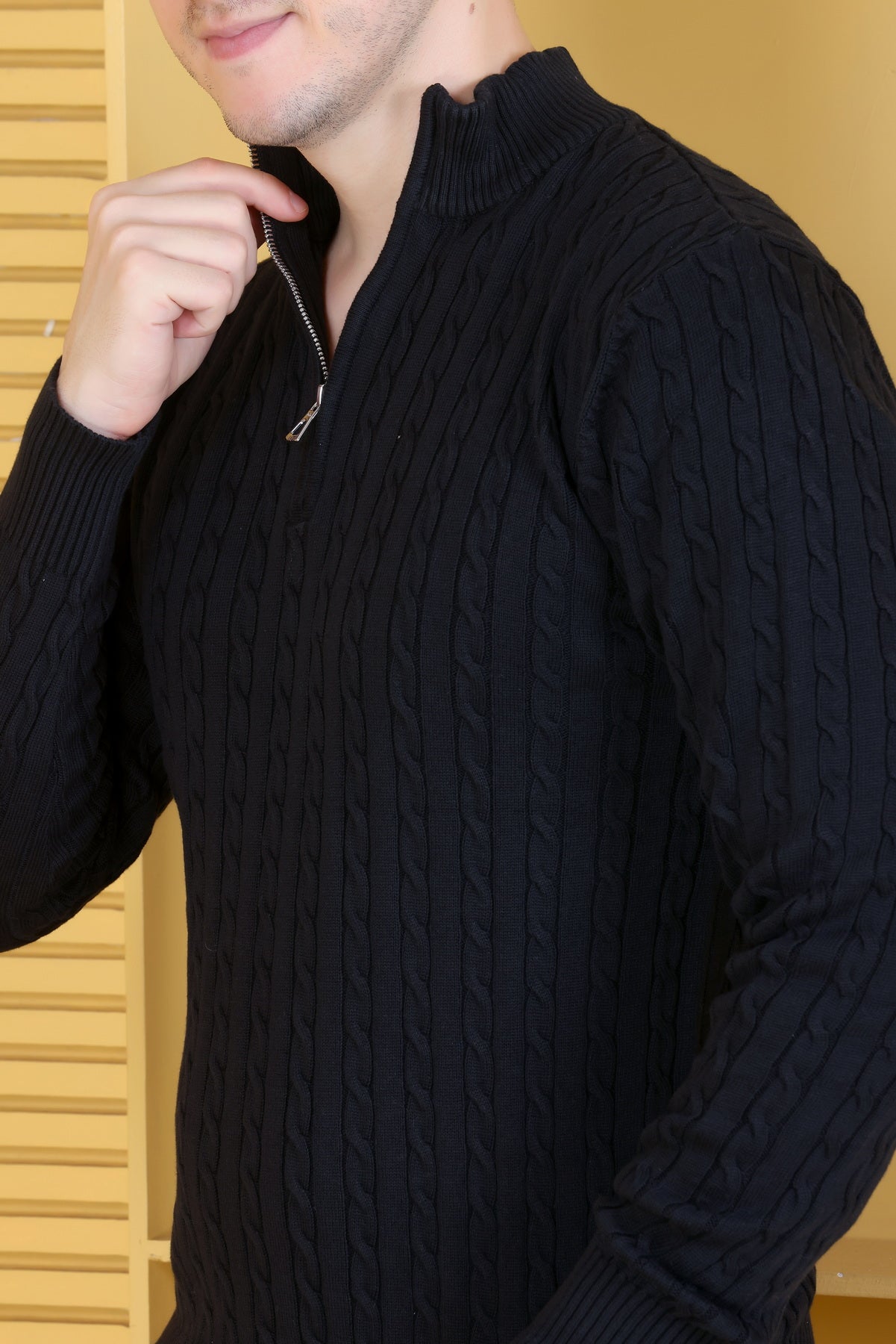 Men Solid, Self Design Turtle Neck Black Sweater