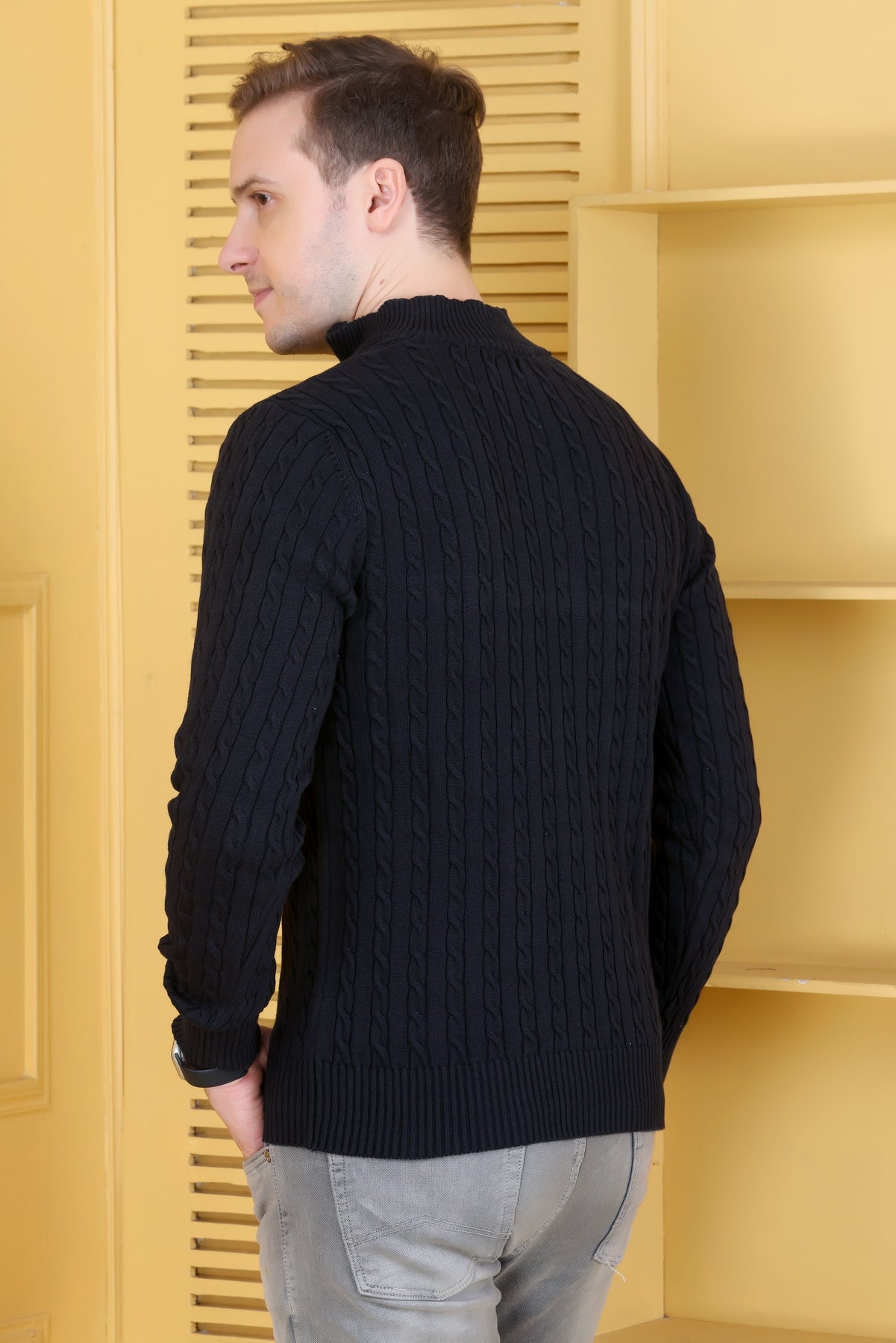 Men Solid, Self Design Turtle Neck Black Sweater
