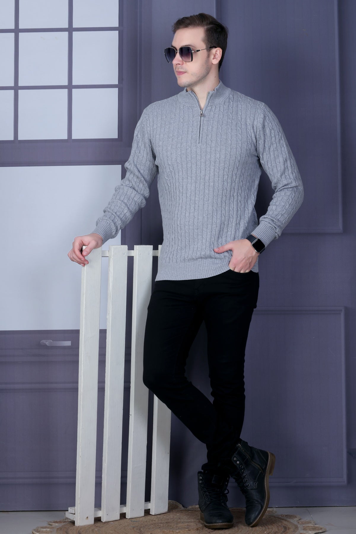 Men Solid, Self Design Turtle Neck Grey Sweater