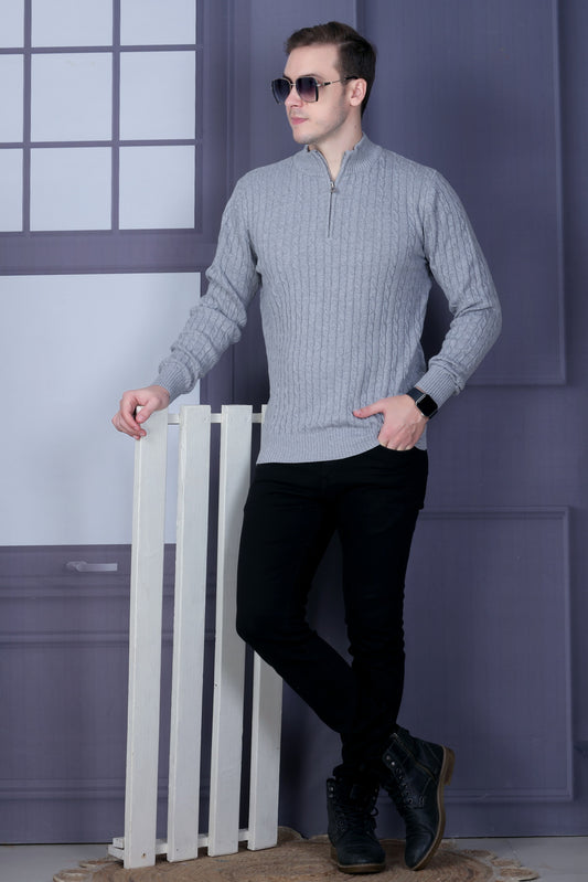 Men Solid, Self Design Turtle Neck Grey Sweater