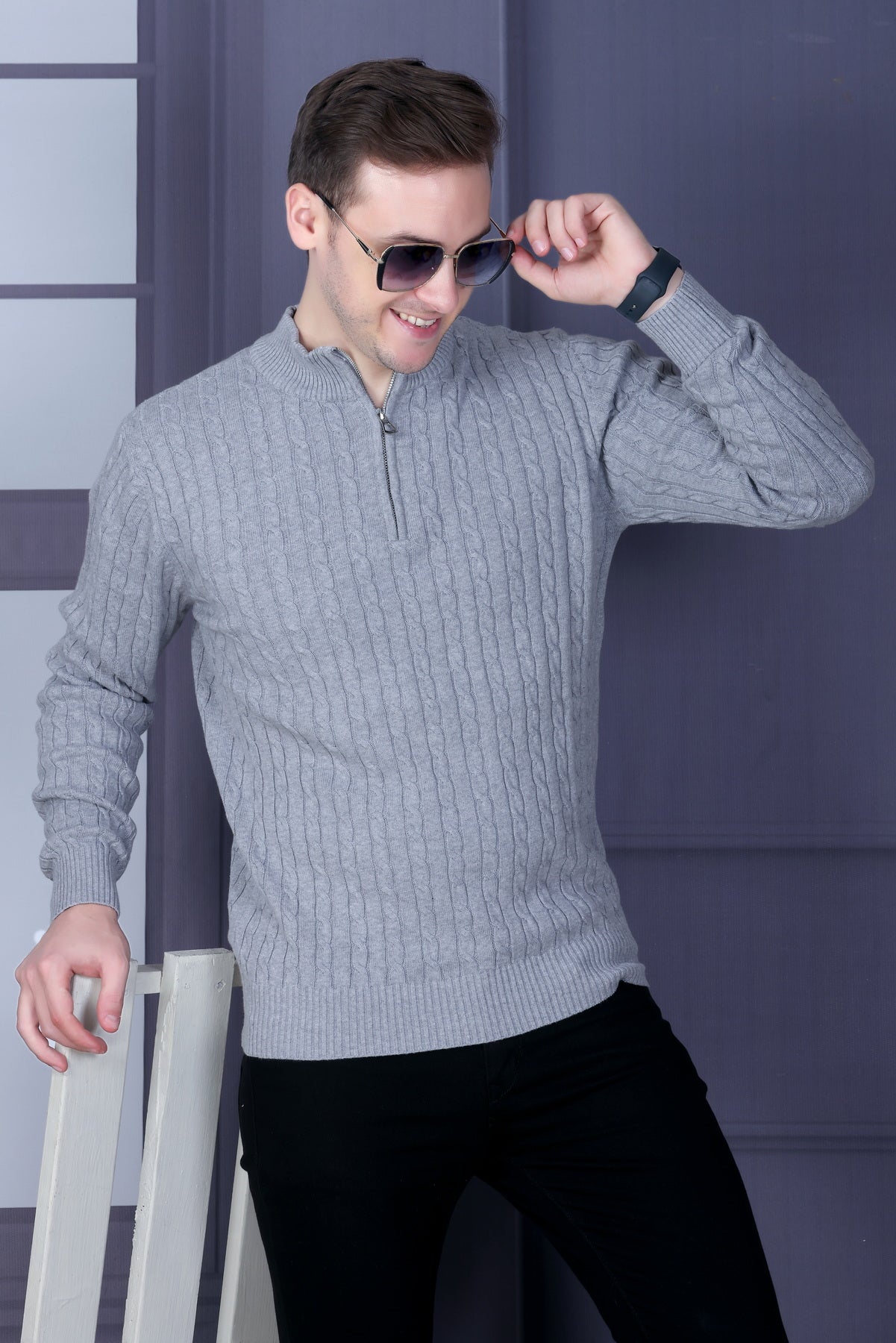 Men Solid, Self Design Turtle Neck Grey Sweater
