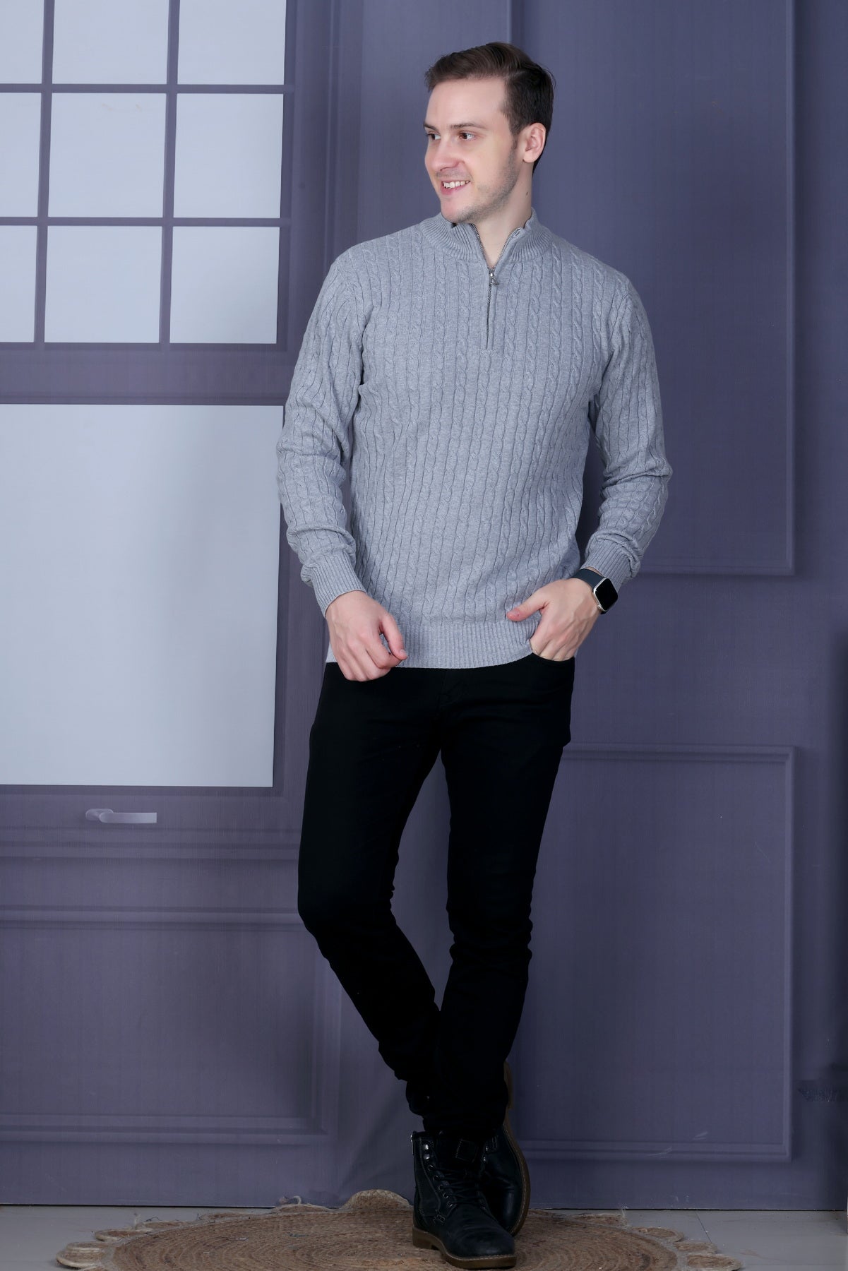 Men Solid, Self Design Turtle Neck Grey Sweater