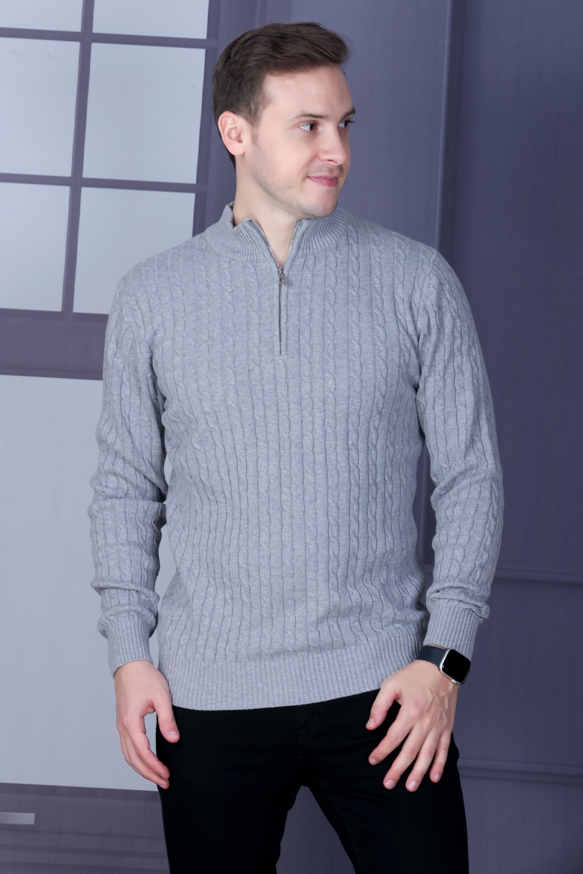 Men Solid, Self Design Turtle Neck Grey Sweater