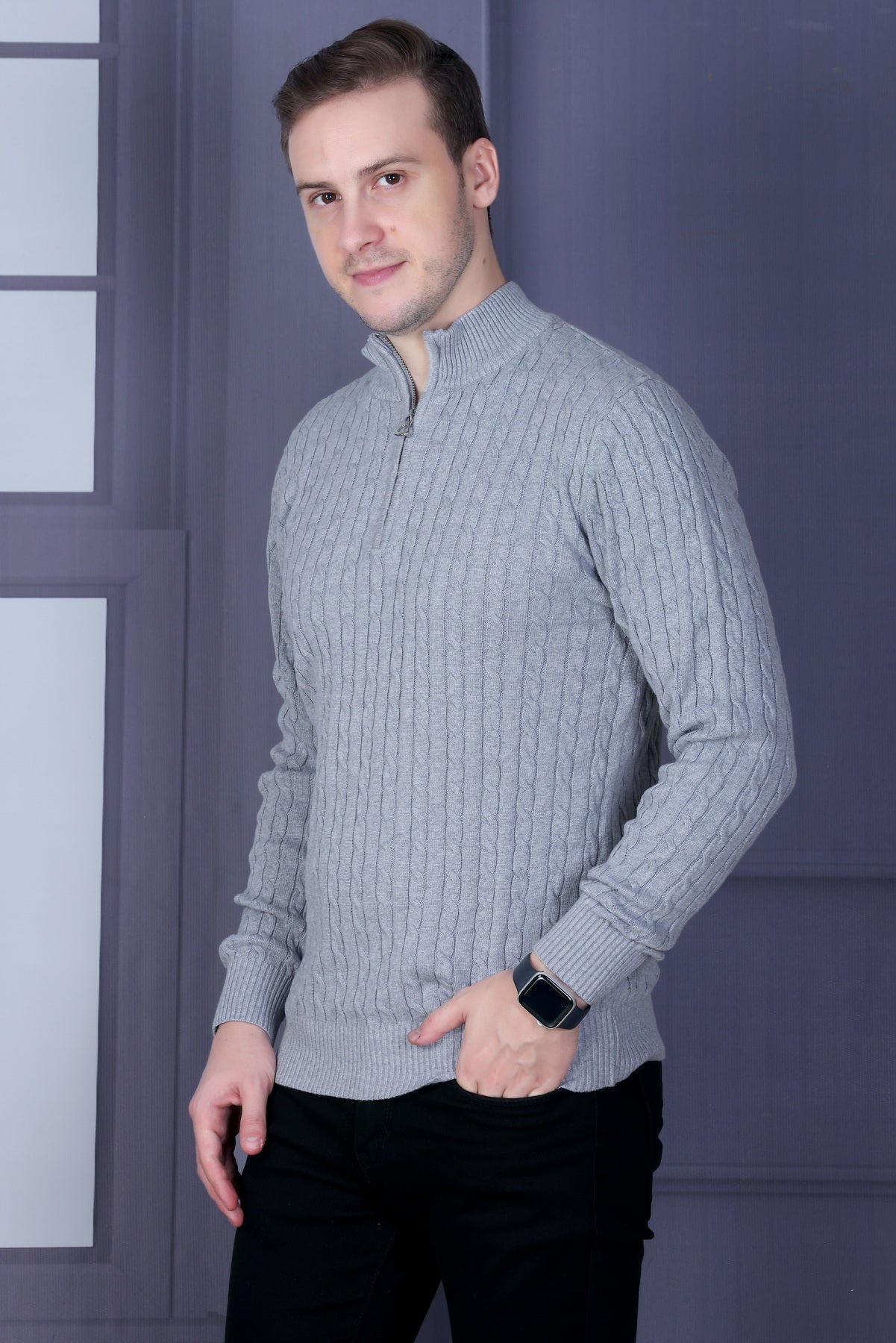 Men Solid, Self Design Turtle Neck Grey Sweater
