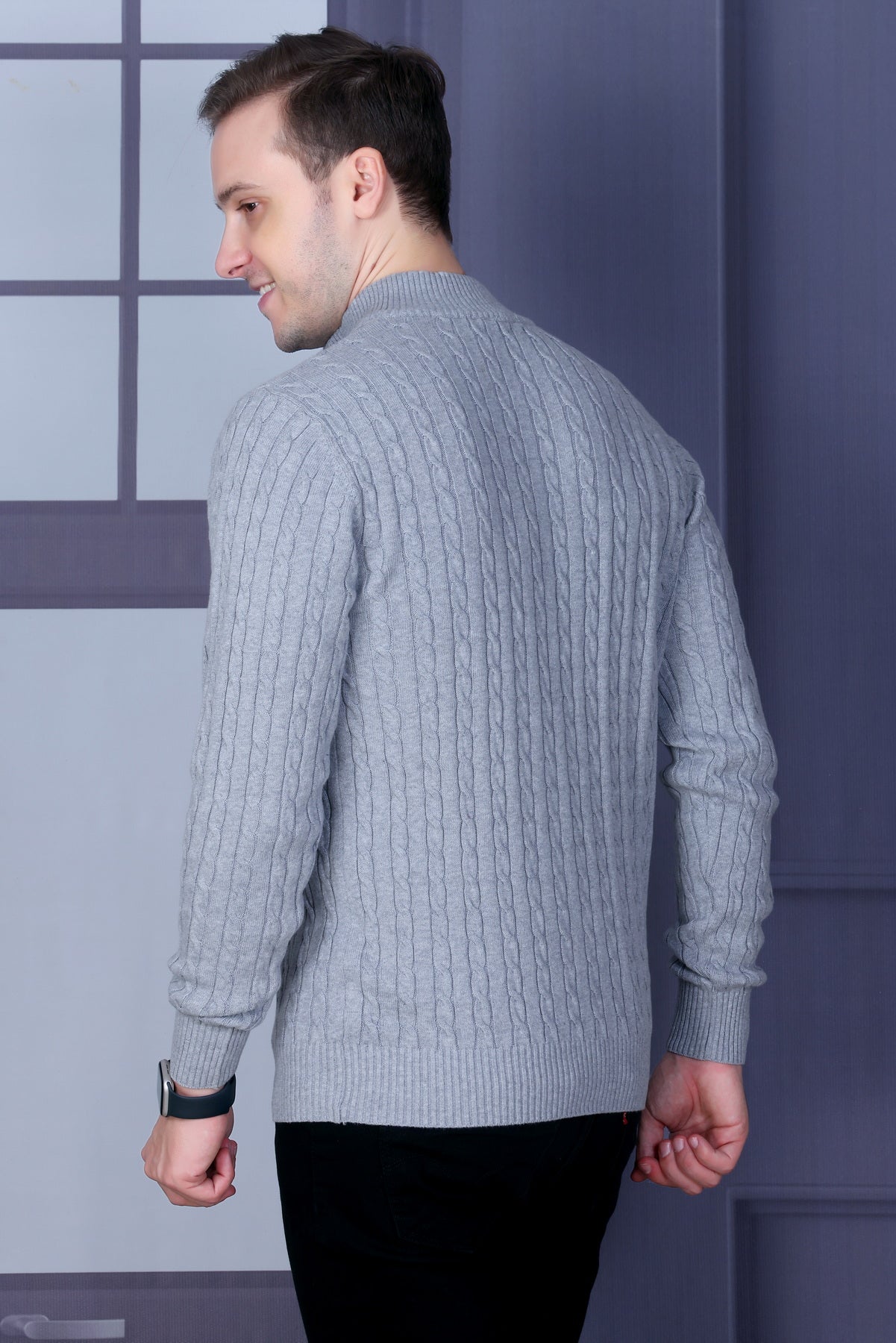 Men Solid, Self Design Turtle Neck Grey Sweater