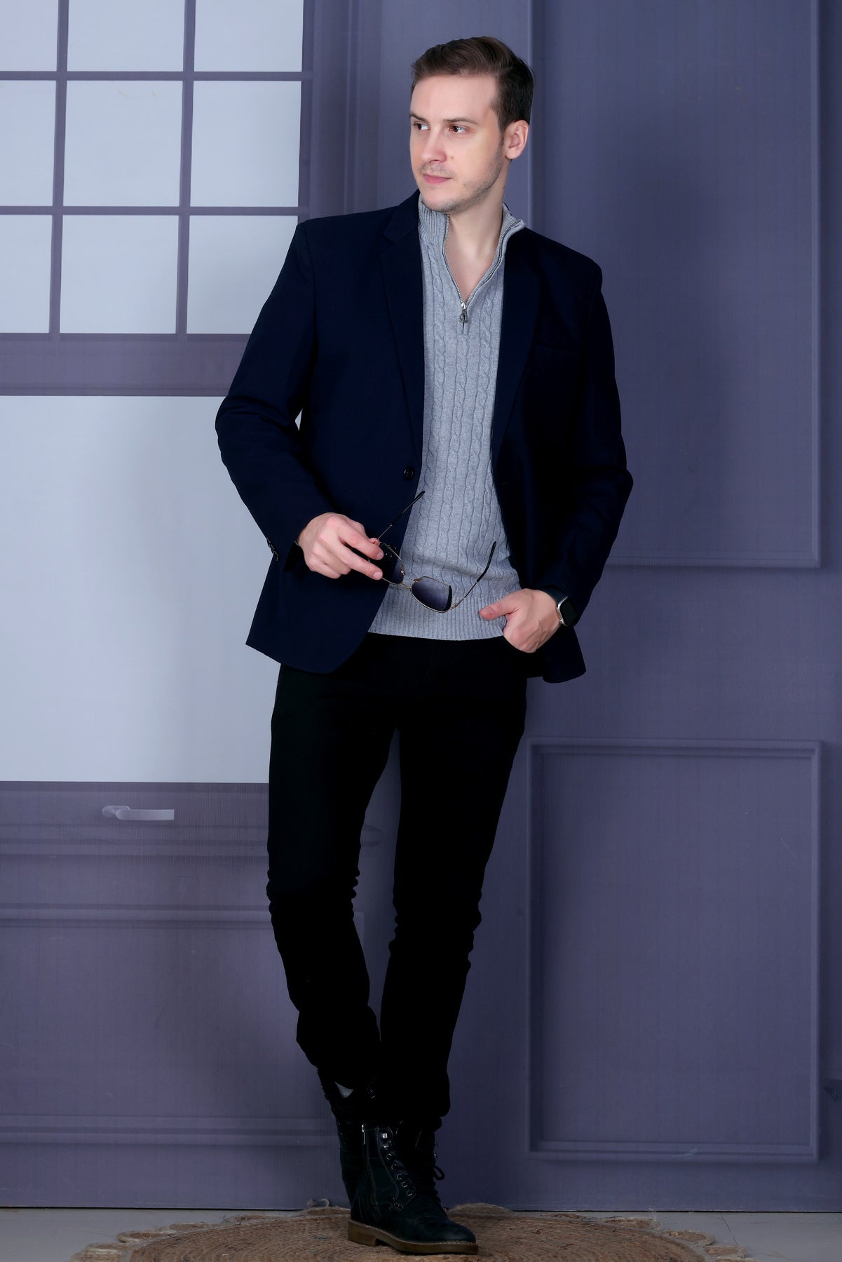 Men Solid, Self Design Turtle Neck Grey Sweater