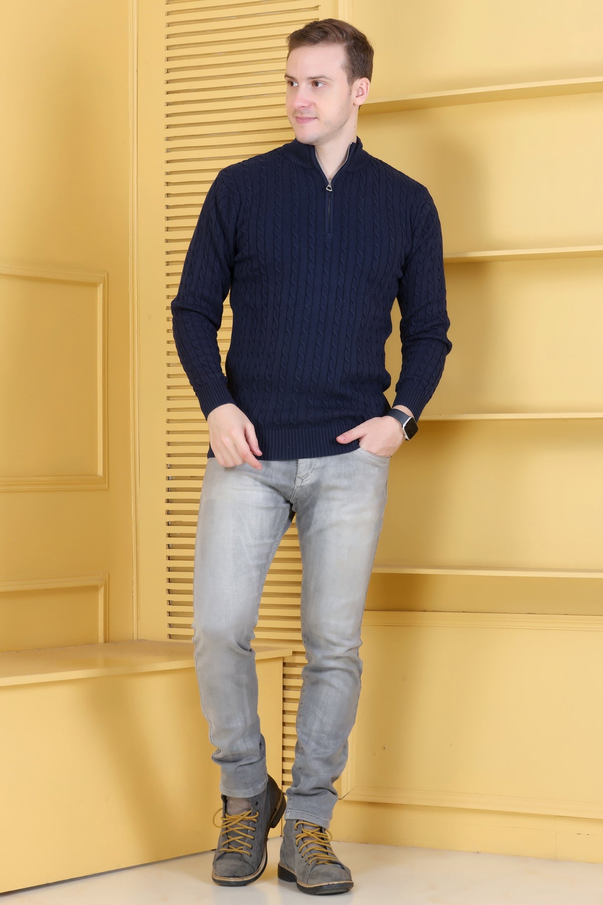 Men Solid, Self Design Turtle Neck Navy Sweater