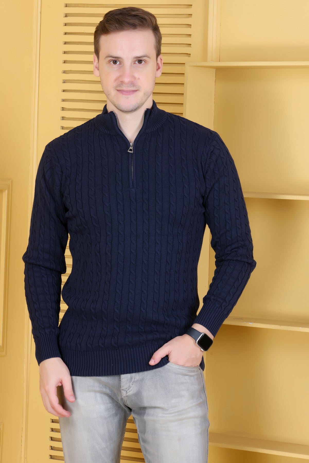 Men Solid, Self Design Turtle Neck Navy Sweater