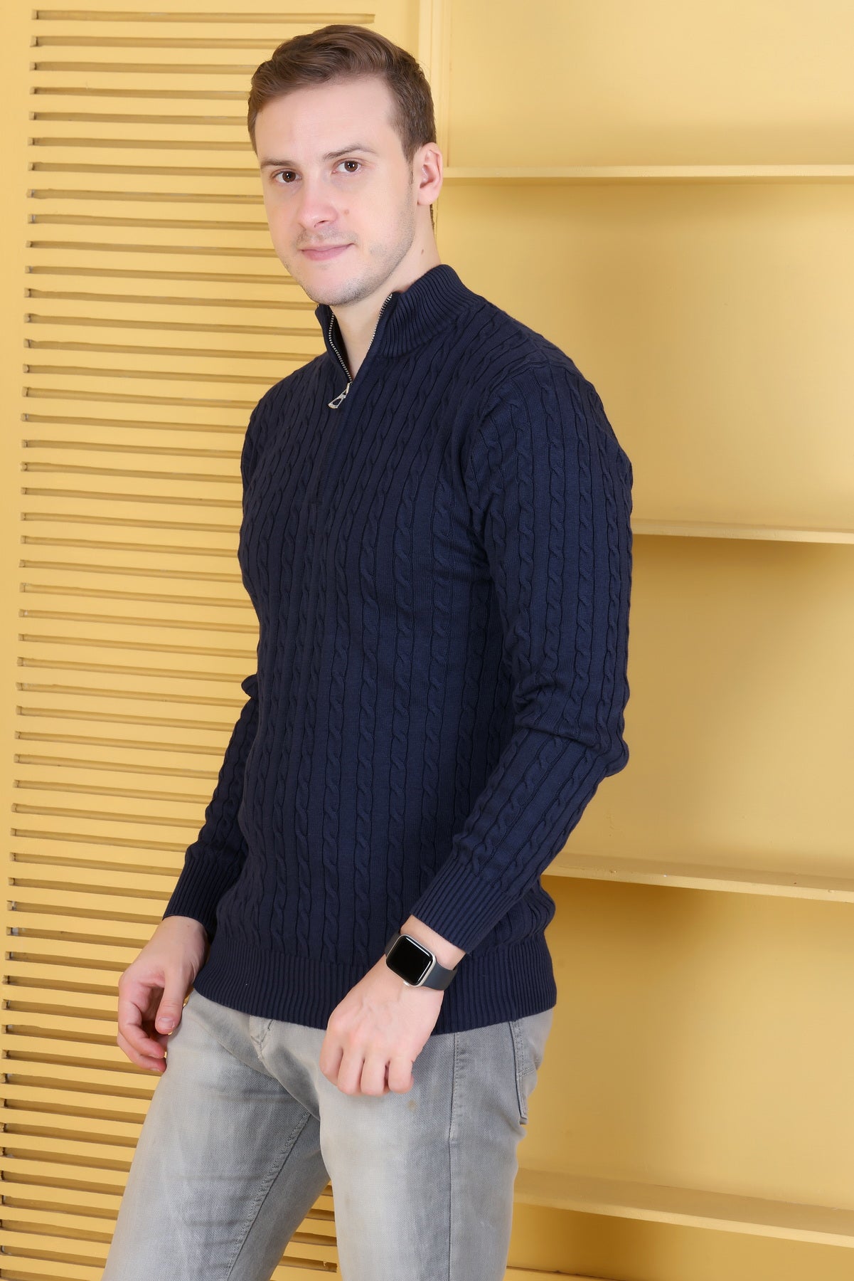 Men Solid, Self Design Turtle Neck Navy Sweater