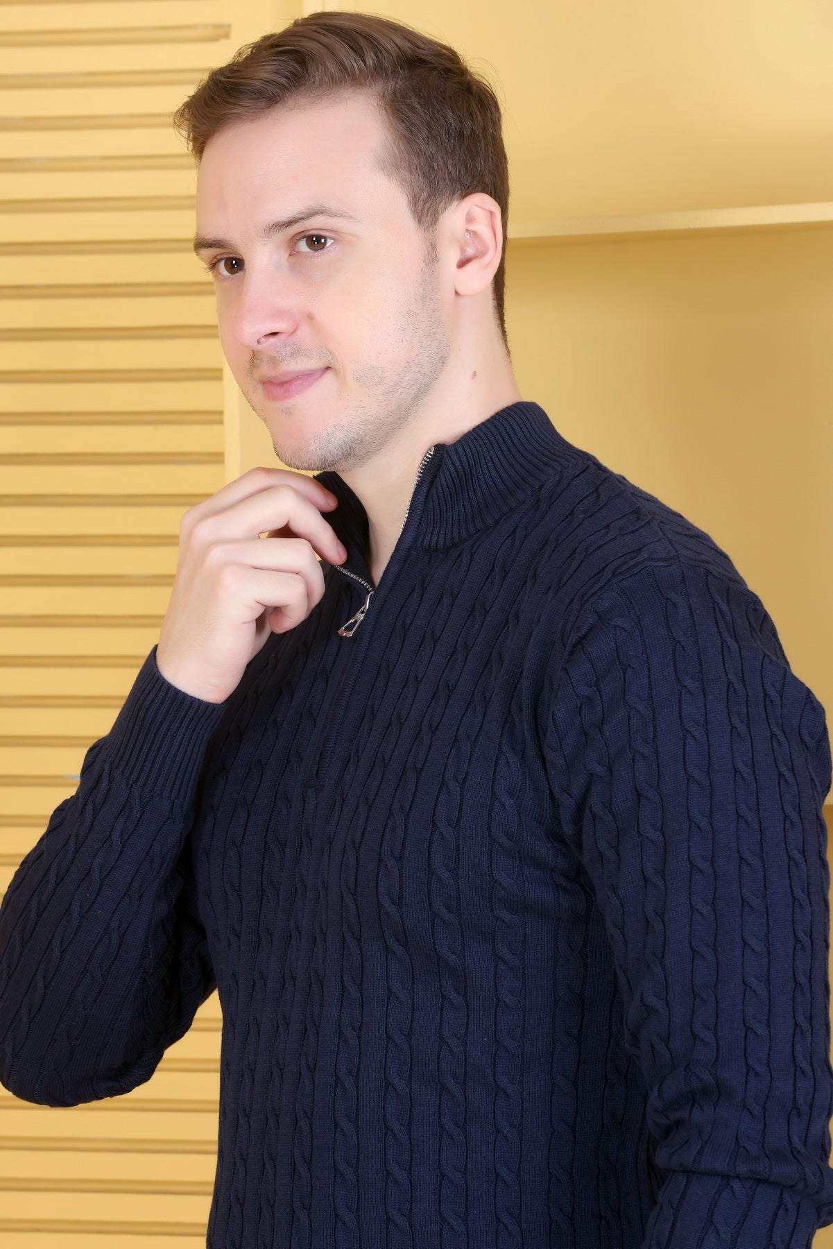 Men Solid, Self Design Turtle Neck Navy Sweater