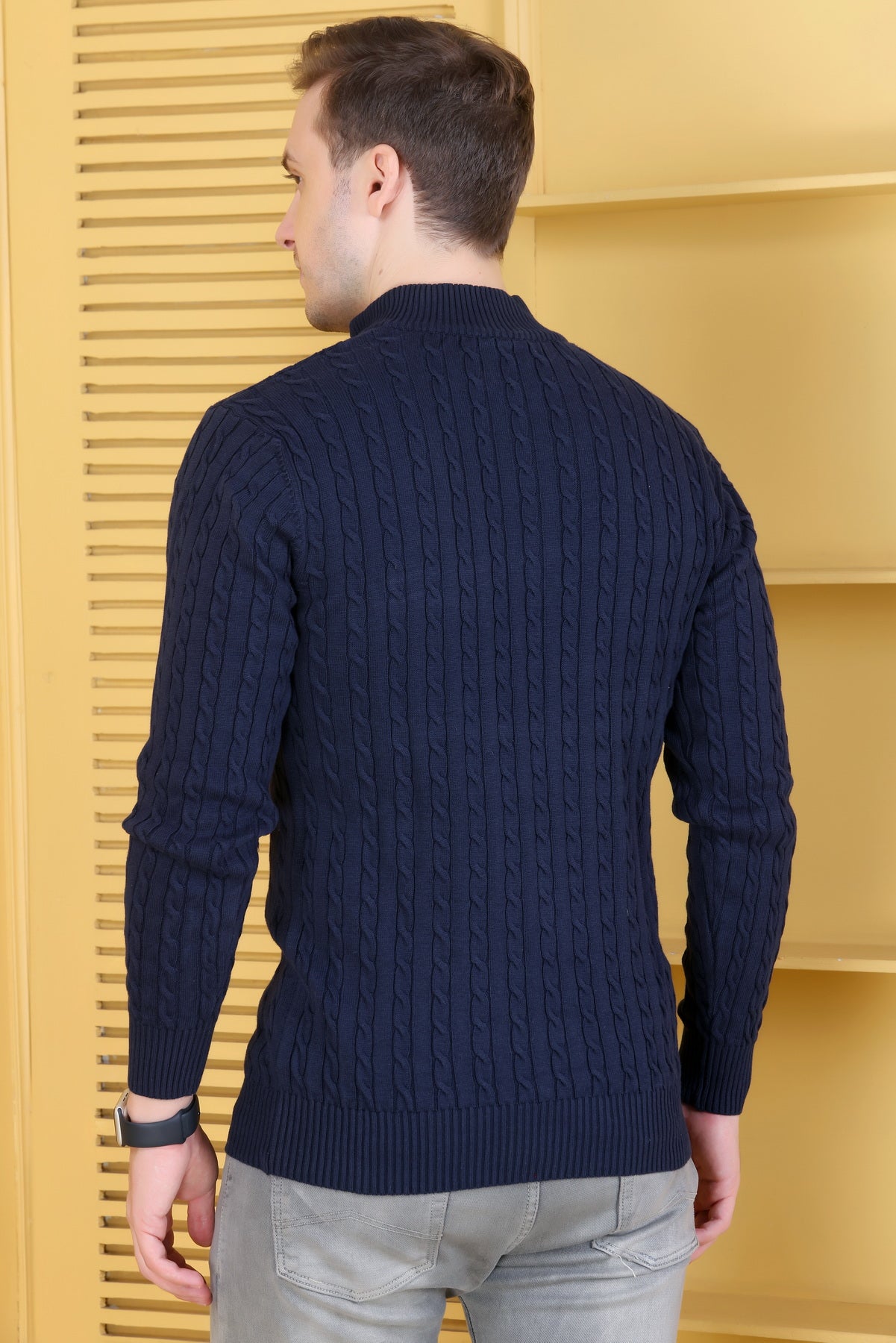 Men Solid, Self Design Turtle Neck Navy Sweater
