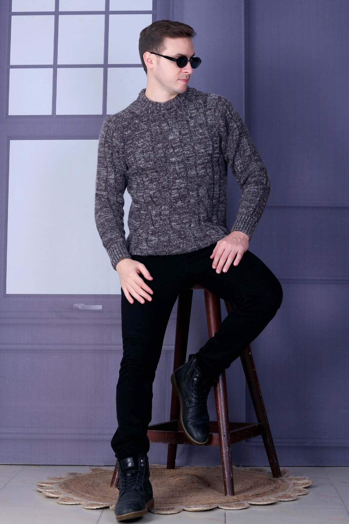 Men Self Design Round Neck Multicolor Sweater