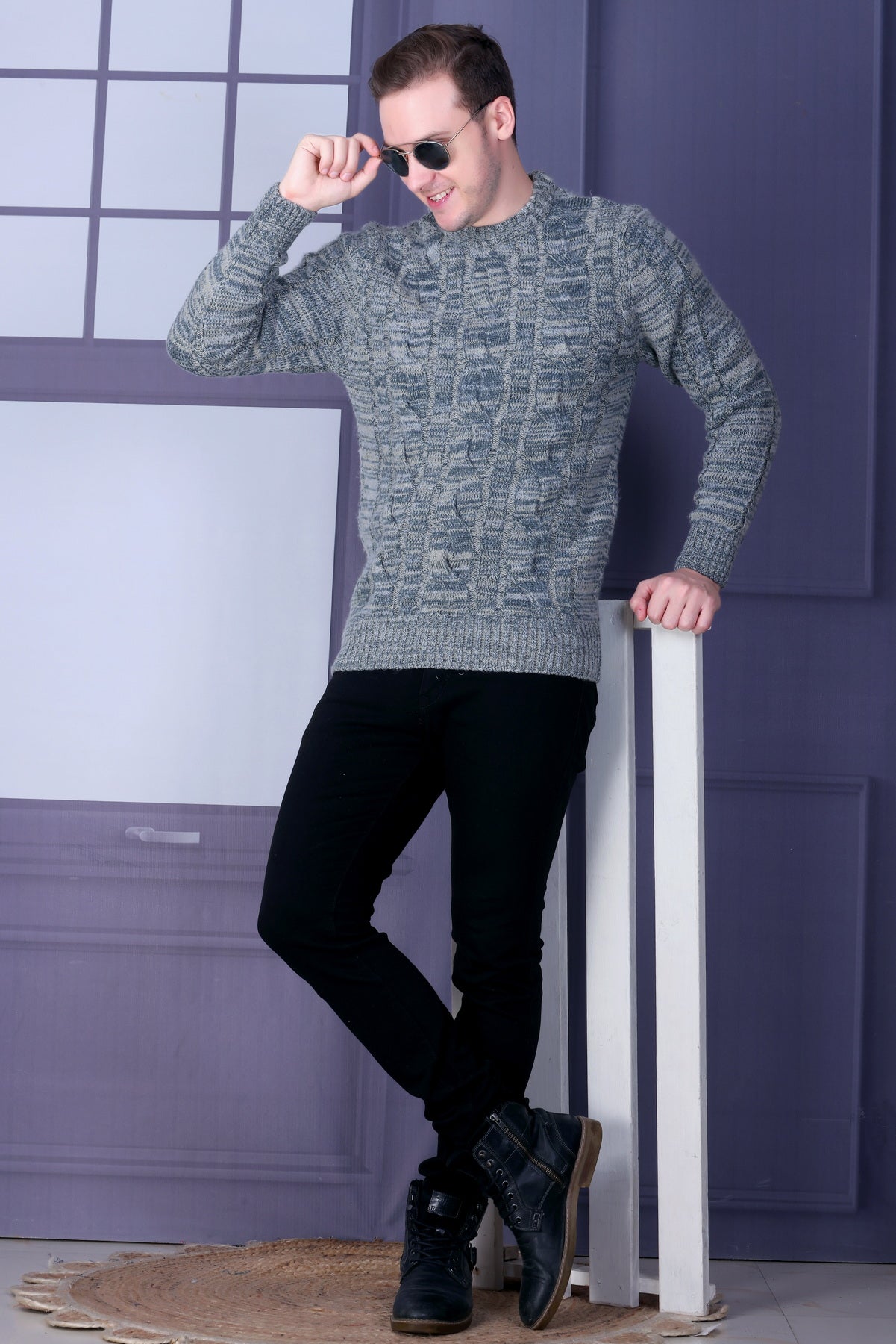 Men Self Design Round Neck Multicolor Sweater