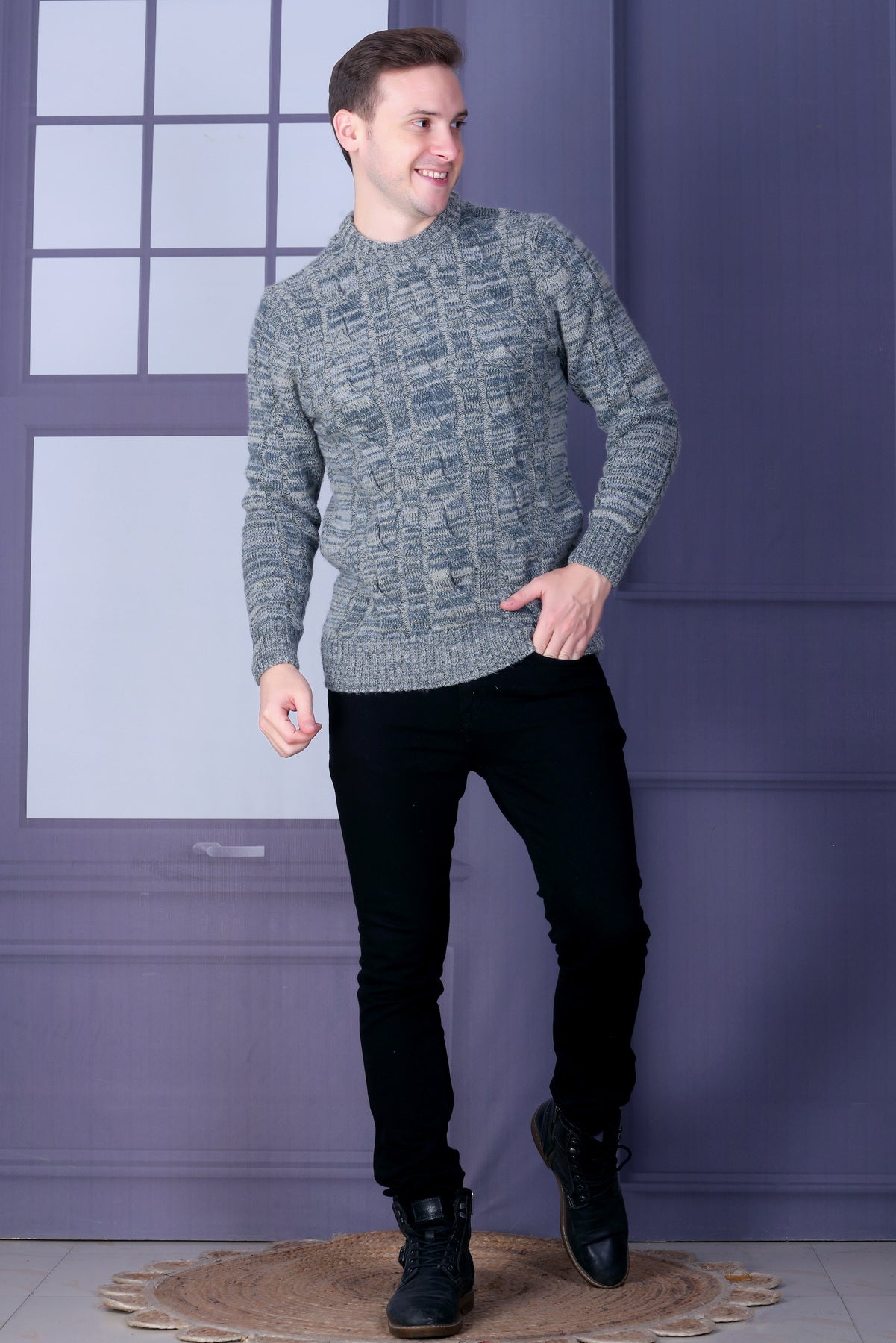 Men Self Design Round Neck Multicolor Sweater