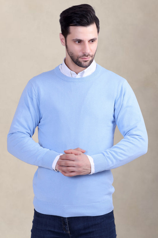 Men’s Sky Blue Round Neck Sweater | Solid Winter Wear