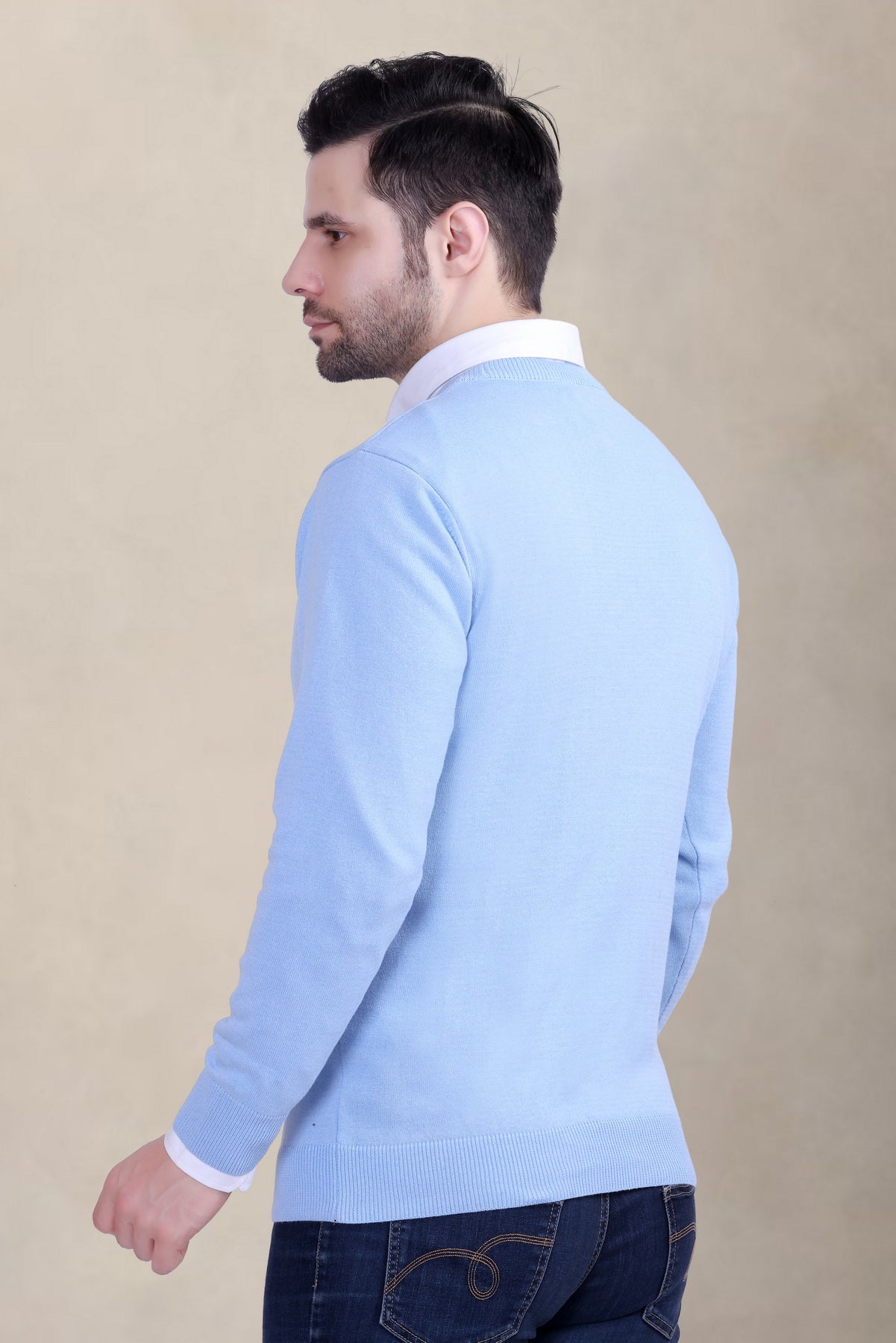 Men’s Sky Blue Round Neck Sweater | Solid Winter Wear