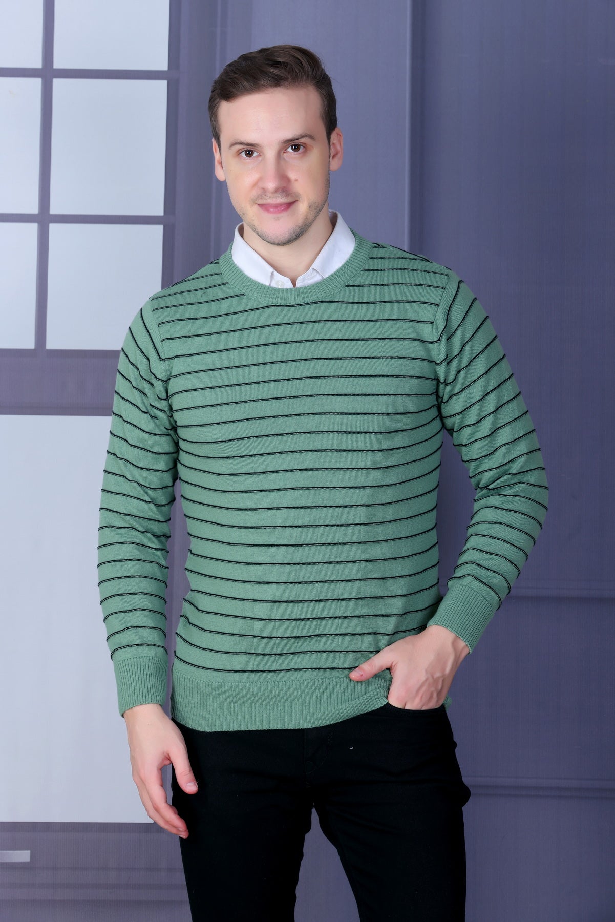 Men Striped Round Neck Multicolor Sweater