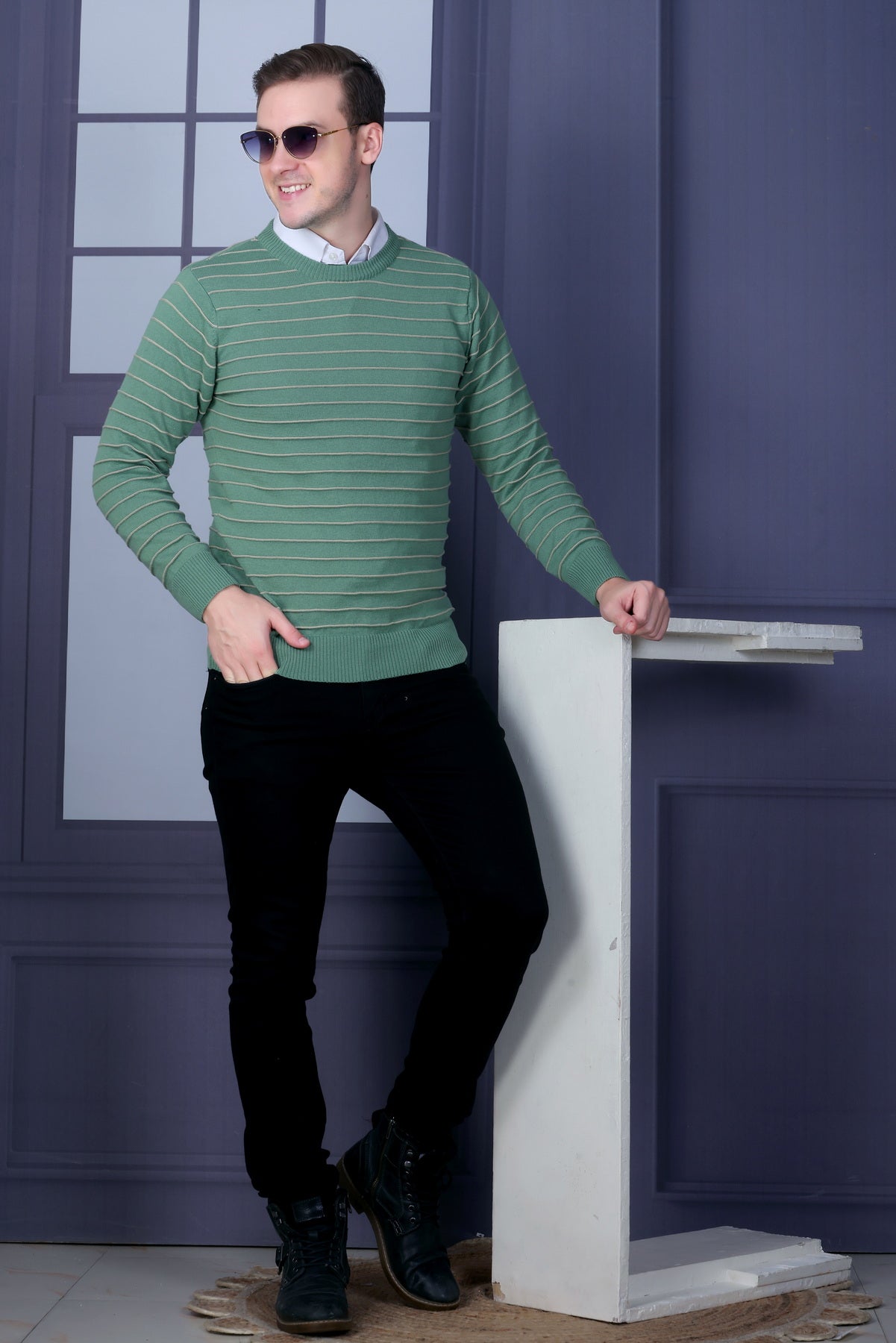 Men Striped Round Neck Multicolor Sweater