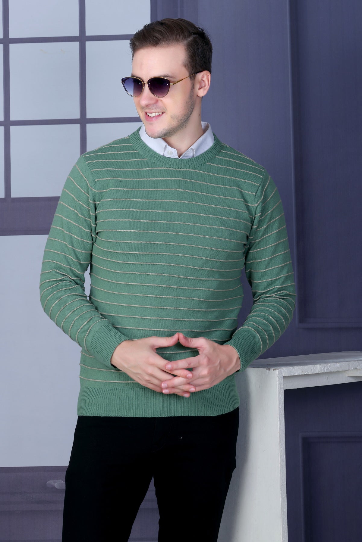 Men Striped Round Neck Multicolor Sweater