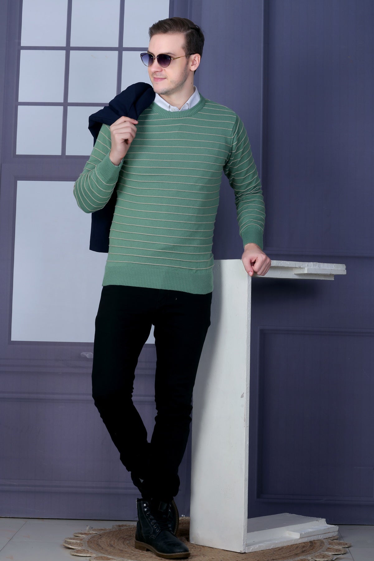 Men Striped Round Neck Multicolor Sweater