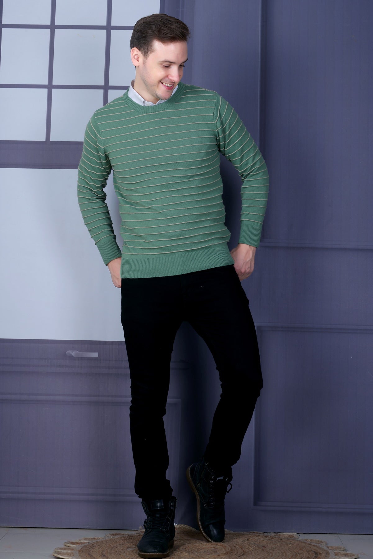 Men Striped Round Neck Multicolor Sweater