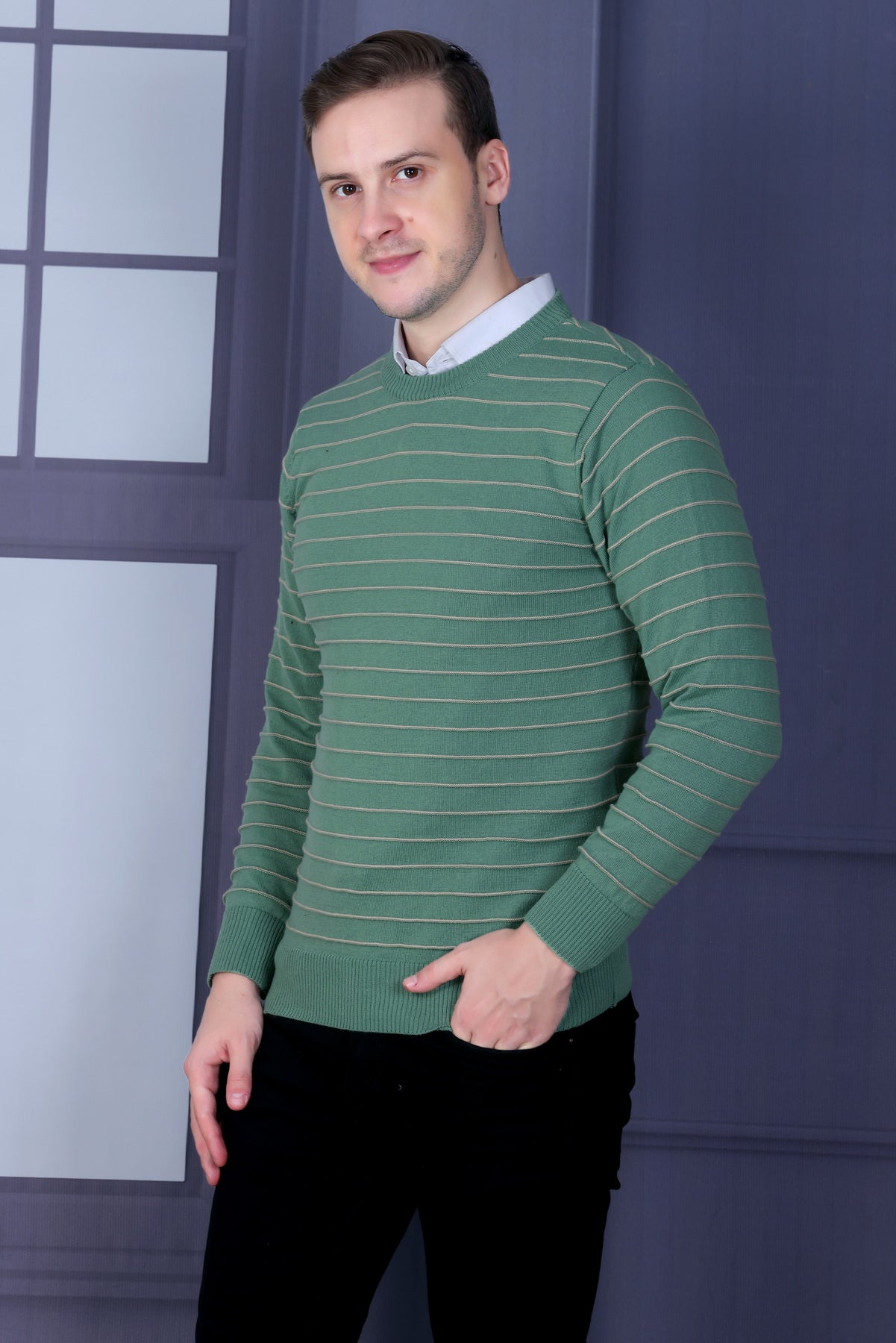 Men Striped Round Neck Multicolor Sweater